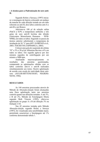 67 
- A técnica para a Padronização do soro anti- 
H. 
Segundo Rolim e Sawaya, (1997) inicia-se 
a montagem da bateria colocando um pedaço 
da mancha de cada diluição testada em um tubo 
referente ao anti-H, dois tubos controles anti-A e 
anti-B e um Branco. 
Adiciona-se 100 μl de solução salina 
(NaCl) a 0,9% a temperatura ambiente e três 
gotas de soro anti-H lecitina não diluído 
(Anticorpos Monoclonais Humanos – SEM-NPBI), 
em todos os tubos. Seguindo os passos da 
técnica anterior substituindo a temperatura de 
incubação de 56 º C para 60ºC (LORENZI et al., 
2003; TOCHETTO; ESPÍNDOLA, 2005). 
Colocar uma gota de suspensão de células 
“O” a 3% e 50 μl de Albumina Bovina a 6% em 
todos os tubos. Em seguida agita-se por dez 
minutos seguidos de centrifugação por um 
minuto a 3000 rpm. 
Analisando macroscopicamente os 
resultados das amostras questionadas, 
comparando as aglutinações obtidas com os 
tubos controles anti-A e anti-B realizados 
simultaneamente aos testes. Ocorre aglutinação 
de acordo com escala de reatividade deste anti-soro 
(AULER-BITTENCOURT; NEGRINI-NETO, 
1996). 
RESULTADOS 
As 144 amostras processadas através do 
Método de Absorção-eluição foram alcançadas 
uma fraca aglutinação tanto nas amostras 
controle quanto nas diluições testadas: A até 3%, 
e B até 2%. Método de Fenotipagem Direta 
segundo Beth Vincent (1992), obteve-se 
aglutinação no grupo A e B até diluição 3% na 
titulação 1/10. 
Nas 42 amostras testadas pelo Método 
Absorção-eluição segundo Rolim e Sawaya 
(1997), foi visualizada uma sensibilidade maior, 
permitindo caracterizar a fenotipagem até 1% 
conforme demonstrado tabela 1. 
 