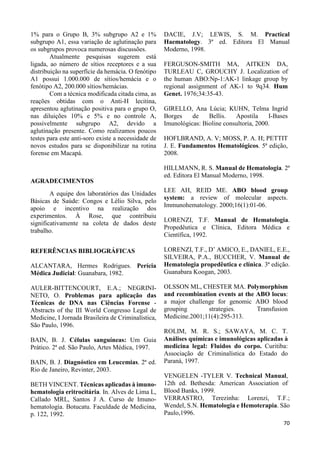 70 
1% para o Grupo B, 3% subgrupo A2 e 1% 
subgrupo A1, essa variação de aglutinação para 
os subgrupos provoca numerosas discussões. 
Atualmente pesquisas sugerem está 
ligada, ao número de sítios receptores e a sua 
distribuição na superfície da hemácia. O fenótipo 
A1 possui 1.000.000 de sítios/hemácia e o 
fenótipo A2, 200.000 sítios/hemácias. 
Com a técnica modificada citada cima, as 
reações obtidas com o Anti-H lecitina, 
apresentou aglutinação positiva para o grupo O, 
nas diluições 10% e 5% e no controle A, 
possivelmente subgrupo A2, devido a 
aglutinação presente. Como realizamos poucos 
testes para este anti-soro existe a necessidade de 
novos estudos para se disponibilizar na rotina 
forense em Macapá. 
AGRADECIMENTOS 
A equipe dos laboratórios das Unidades 
Básicas de Saúde: Congos e Lélio Silva, pelo 
apoio e incentivo na realização dos 
experimentos. À Rose, que contribuiu 
significativamente na coleta de dados deste 
trabalho. 
REFERÊNCIAS BIBLIOGRÁFICAS 
ALCANTARA, Hermes Rodrigues. Perícia 
Médica Judicial: Guanabara, 1982. 
AULER-BITTENCOURT, E.A.; NEGRINI-NETO, 
O. Problemas para aplicação das 
Técnicas de DNA nas Ciências Forense - 
Abstracts of the III World Congresso Legal de 
Medicine, I Jornada Brasileira de Criminalística, 
São Paulo, 1996. 
BAIN, B. J. Células sanguíneas: Um Guia 
Prático. 2ª ed. São Paulo, Artes Médica, 1997. 
BAIN, B. J. Diagnóstico em Leucemias. 2ª ed. 
Rio de Janeiro, Revinter, 2003. 
BETH VINCENT. Técnicas aplicadas à imuno-hematologia 
eritrocitária. In. Alves de Lima L, 
Callado MRL, Santos J A. Curso de Imuno-hematologia. 
Botucatu. Faculdade de Medicina, 
p. 122, 1992. 
DACIE, J.V; LEWIS, S. M. Practical 
Haematology. 3ª ed. Editora El Manual 
Moderno, 1998. 
FERGUSON-SMITH MA, AITKEN DA, 
TURLEAU C, GROUCHY J. Localization of 
the human ABO:Np-1:AK-1 linkage group by 
regional assignment of AK-1 to 9q34. Hum 
Genet. 1976;34:35-43. 
GIRELLO, Ana Lúcia; KUHN, Telma Ingrid 
Borges de Bellis. Apostila I-Bases 
Imunológicas: Bioline consultoria, 2000. 
HOFLBRAND, A. V; MOSS, P. A. H; PETTIT 
J. E. Fundamentos Hematológicos. 5ª edição, 
2008. 
HILLMANN, R. S. Manual de Hematologia. 2ª 
ed. Editora El Manual Moderno, 1998. 
LEE AH, REID ME. ABO blood group 
system: a review of molecular aspects. 
Immunohematology. 2000;16(1):01-06. 
LORENZI, T.F. Manual de Hematologia. 
Propedêutica e Clínica, Editora Médica e 
Científica, 1992. 
LORENZI, T.F., D’ AMICO, E., DANIEL, E.E., 
SILVEIRA, P.A., BUCCHER, V. Manual de 
Hematologia propedêutica e clínica. 3ª edição. 
Guanabara Koogan, 2003. 
OLSSON ML, CHESTER MA. Polymorphism 
and recombination events at the ABO locus: 
a major challenge for genomic ABO blood 
grouping strategies. Transfusion 
Medicine.2001;11(4):295-313. 
ROLIM, M. R. S.; SAWAYA, M. C. T. 
Análises químicas e imunológicas aplicadas à 
medicina legal: Fluidos do corpo. Curitiba: 
Associação de Criminalística do Estado do 
Paraná, 1997. 
VENGELEN -TYLER V. Technical Manual, 
12th ed. Bethesda: American Association of 
Blood Banks, 1999. 
VERRASTRO, Terezinha: Lorenzi, T.F.; 
Wendel, S.N. Hematologia e Hemoterapia. São 
Paulo,1996. 
 
