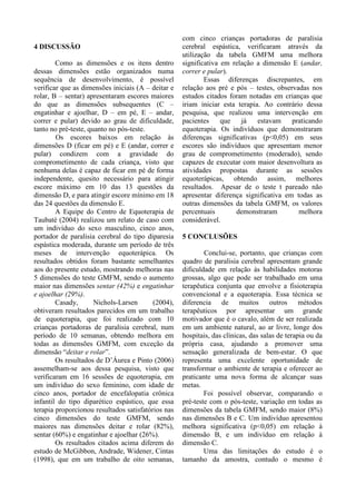 4 DISCUSSÃO
Como as dimensões e os itens dentro
dessas dimensões estão organizados numa
sequência de desenvolvimento, é possível
verificar que as dimensões iniciais (A – deitar e
rolar, B – sentar) apresentaram escores maiores
do que as dimensões subsequentes (C –
engatinhar e ajoelhar, D – em pé, E – andar,
correr e pular) devido ao grau de dificuldade,
tanto no pré-teste, quanto no pós-teste.
Os escores baixos em relação às
dimensões D (ficar em pé) e E (andar, correr e
pular) condizem com a gravidade do
comprometimento de cada criança, visto que
nenhuma delas é capaz de ficar em pé de forma
independente, quesito necessário para atingir
escore máximo em 10 das 13 questões da
dimensão D, e para atingir escore mínimo em 18
das 24 questões da dimensão E.
A Equipe do Centro de Equoterapia de
Taubaté (2004) realizou um relato de caso com
um indivíduo do sexo masculino, cinco anos,
portador de paralisia cerebral do tipo diparesia
espástica moderada, durante um período de três
meses de intervenção equoterápica. Os
resultados obtidos foram bastante semelhantes
aos do presente estudo, mostrando melhoras nas
5 dimensões do teste GMFM, sendo o aumento
maior nas dimensões sentar (42%) e engatinhar
e ajoelhar (29%).
Casady, Nichols-Larsen (2004),
obtiveram resultados parecidos em um trabalho
de equoterapia, que foi realizado com 10
crianças portadoras de paralisia cerebral, num
período de 10 semanas, obtendo melhora em
todas as dimensões GMFM, com exceção da
dimensão “deitar e rolar”.
Os resultados de D’Áurea e Pinto (2006)
assemelham-se aos dessa pesquisa, visto que
verificaram em 16 sessões de equoterapia, em
um indivíduo do sexo feminino, com idade de
cinco anos, portador de encefalopatia crônica
infantil do tipo diparético espástico, que essa
terapia proporcionou resultados satisfatórios nas
cinco dimensões do teste GMFM, sendo
maiores nas dimensões deitar e rolar (82%),
sentar (60%) e engatinhar e ajoelhar (26%).
Os resultados citados acima diferem do
estudo de McGibbon, Andrade, Widener, Cintas
(1998), que em um trabalho de oito semanas,
com cinco crianças portadoras de paralisia
cerebral espástica, verificaram através da
utilização da tabela GMFM uma melhora
significativa em relação a dimensão E (andar,
correr e pular).
Essas diferenças discrepantes, em
relação aos pré e pós – testes, observadas nos
estudos citados foram notadas em crianças que
iriam iniciar esta terapia. Ao contrário dessa
pesquisa, que realizou uma intervenção em
pacientes que já estavam praticando
equoterapia. Os indivíduos que demonstraram
diferenças significativas (p<0,05) em seus
escores são indivíduos que apresentam menor
grau de comprometimento (moderado), sendo
capazes de executar com maior desenvoltura as
atividades propostas durante as sessões
equoterápicas, obtendo assim, melhores
resultados. Apesar de o teste t pareado não
apresentar diferença significativa em todas as
outras dimensões da tabela GMFM, os valores
percentuais demonstraram melhora
considerável.
5 CONCLUSÕES
Conclui-se, portanto, que crianças com
quadro de paralisia cerebral apresentam grande
dificuldade em relação às habilidades motoras
grossas, algo que pode ser trabalhado em uma
terapêutica conjunta que envolve a fisioterapia
convencional e a equoterapia. Essa técnica se
diferencia de muitos outros métodos
terapêuticos por apresentar um grande
motivador que é o cavalo, além de ser realizada
em um ambiente natural, ao ar livre, longe dos
hospitais, das clínicas, das salas de terapia ou da
própria casa, ajudando a promover uma
sensação generalizada de bem-estar. O que
representa uma excelente oportunidade de
transformar o ambiente de terapia e oferecer ao
praticante uma nova forma de alcançar suas
metas.
Foi possível observar, comparando o
pré-teste com o pós-teste, variação em todas as
dimensões da tabela GMFM, sendo maior (8%)
nas dimensões B e C. Um indivíduo apresentou
melhora significativa (p<0,05) em relação à
dimensão B, e um indivíduo em relação à
dimensão C.
Uma das limitações do estudo é o
tamanho da amostra, contudo o mesmo é
 
