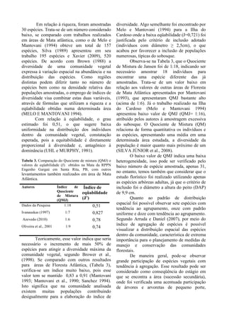 Em relação à riqueza, foram amostradas
30 espécies. Trata-se de um número considerado
baixo, se comparado com trabalhos realizados
em áreas de Mata atlântica, como o de Melo e
Mantovani (1994) obteve um total de 157
espécies, Silva (1989) apresentou em seu
trabalho 195 espécies e Xavier (2009), 520
espécies. De acordo com Brown (1988) a
diversidade de uma comunidade vegetal
expressa à variação espacial na abundância e na
distribuição das espécies. Como regiões
distintas podem diferir tanto no número de
espécies bem como na densidade relativa das
populações amostradas, o emprego de índices de
diversidade visa combinar estas duas variáveis,
através de fórmulas que utilizam a riqueza e a
eqüabilidade obtidas numa determinada área
(MELO E MANTOVANI 1994).
Com relação à eqüabilidade, o grau
estimado foi 0,51, o que sugere baixa
uniformidade na distribuição dos indivíduos
dentro da comunidade vegetal, constatação
esperada, pois a equitabilidade é diretamente
proporcional à diversidade e, antagônico à
dominância (UHL e MURPHY, 1981).
Tabela 3. Comparação do Quociente de mistura (QMJ) e
valores de eqüabilidade (J) obtidos na Mata da RPPN
Engenho Gargaú em Santa Rita, PB, com outros
levantamentos também realizados em área de Mata
Atlântica.
Teoricamente, esse valor indica que seria
necessário o incremento de mais 50% de
espécies para atingir a diversidade máxima da
comunidade vegetal, segundo Brower et al.,
(1998). Se comparado com outros resultados
para áreas de Floresta Atlântica, (Tabela 3),
verifica-se um índice muito baixo, pois esse
valor tem se mantido 0,83 a 0,91 (Mantovani
1993; Mantovani et al., 1990; Sanchez 1994).
Isto significa que na comunidade analisada
existem muitas populações contribuindo
desigualmente para a elaboração do índice de
diversidade. Algo semelhante foi encontrado por
Melo e Mantovani (1994) para a Ilha do
Cardoso onde a baixa eqüabilidade (J=0,721) foi
justificada pelo critério de inclusão adotado
(indivíduos com diâmetro ≥ 2,5cm), o que
acabou por favorecer a inclusão de populações
numerosas, típicas do sobosque.
Observa-se na Tabela 3, que o Quociente
de Mistura de Jansen foi de 1:18, indicando ser
necessário amostrar 18 indivíduos para
encontrar uma espécie diferente das já
amostradas. Trata-se de um valor baixo em
relação aos valores de outras áreas de Floresta
de Mata Atlântica apresentados por Mantovani
(1993), que apresentaram QMJ bastante alto
(acima de 1:6). Já o trabalho realizado na Ilha
do Cardoso (Melo e Mantovani 1994)
apresentou baixo valor de QMJ (QMJ= 1:16),
atribuído pelos autores à amostragem excessiva
do subosque. O Quociente de Mistura (QM)
relaciona de forma quantitativa os indivíduos e
as espécies, apresentando uma média em uma
determinada área estudada, a diversidade da
população é maior quanto mais próximo de um
(SILVA JÚNIOR et al., 2008).
O baixo valor de QMJ indica uma baixa
heterogeneidade, isso pode ser verificado pelo
baixo número de espécie amostrada, apenas 31,
no entanto, temos também que considerar que o
estudo florístico foi realizado utilizando apenas
as espécies arbóreas adultas, já que o critério de
inclusão foi o diâmetro a altura do peito (DAP)
de 9,9 cm.
Quanto ao padrão de distribuição
espacial foi possível observar sete espécies com
tendência ao agrupamento, onze com padrão
uniforme e doze com tendência ao agrupamento.
Segundo Arruda e Daniel (2007), por meio do
índice de agregação de espécies é possível
visualizar a distribuição espacial das espécies
dentro da comunidade, característica de extrema
importância para o planejamento de medidas de
manejo e conservação das comunidades
florestais.
De maneira geral, pode-se observar
grande participação de espécies vegetais com
tendência à agregação. Esse resultado pode ser
considerado como conseqüência do estágio em
que se encontra a área (sucessão secundária),
onde foi verificada uma acentuada participação
de árvores e arvoretas de pequeno porte,
Autores Índice de
Quociente
de Mistura
(QMJ)
Índice de
eqüabilidade
(J’)
Dados da Pesquisa 1:18 0,51
Ivanauskas (1997) 1:7 0,827
Azevedo (2010) 1:6 0,78
Oliveira et al., 2001 1:9 0,74
 