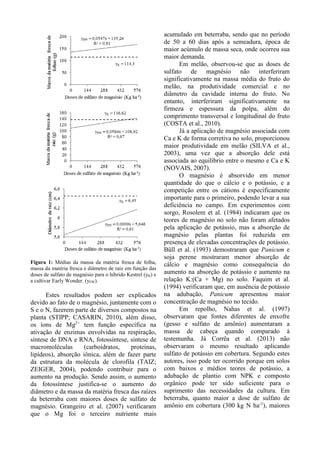 Figura 1: Médias da massa da matéria fresca de folha,
massa da matéria fresca e diâmetro de raiz em função das
doses de sulfato de magnésio para o híbrido Kestrel (yK) e
a cultivar Early Wonder. (yEW).
Estes resultados podem ser explicados
devido ao fato de o magnésio, juntamente com o
S e o N, fazerem parte de diversos compostos na
planta (STIPP; CASARIN, 2010), além disso,
os íons de Mg2+
tem função específica na
ativação de enzimas envolvidas na respiração,
síntese de DNA e RNA, fotossíntese, síntese de
macromoléculas (carboidratos, proteínas,
lipídeos), absorção iônica, além de fazer parte
da estrutura da molécula de clorofila (TAIZ;
ZEIGER, 2004), podendo contribuir para o
aumento na produção. Sendo assim, o aumento
da fotossíntese justifica-se o aumento do
diâmetro e da massa da matéria fresca das raízes
da beterraba com maiores doses de sulfato de
magnésio. Grangeiro et al. (2007) verificaram
que o Mg foi o terceiro nutriente mais
acumulado em beterraba, sendo que no período
de 50 a 60 dias após a semeadura, época de
maior acúmulo de massa seca, onde ocorreu sua
maior demanda.
Em melão, observou-se que as doses de
sulfato de magnésio não interferiram
significativamente na massa média do fruto do
melão, na produtividade comercial e no
diâmetro da cavidade interna do fruto. No
entanto, interferiram significativamente na
firmeza e espessura da polpa, além do
comprimento transversal e longitudinal do fruto
(COSTA et al., 2010).
Já a aplicação de magnésio associada com
Ca e K de forma corretiva no solo, proporcionou
maior produtividade em melão (SILVA et al.,
2003), uma vez que a absorção dele está
associada ao equilíbrio entre o mesmo e Ca e K
(NOVAIS, 2007).
O magnésio é absorvido em menor
quantidade do que o cálcio e o potássio, e a
competição entre os cátions é especificamente
importante para o primeiro, podendo levar a sua
deficiência no campo. Em experimentos com
sorgo, Rosolem et al. (1984) indicaram que os
teores de magnésio no solo não foram afetados
pela aplicação de potássio, mas a absorção de
magnésio pelas plantas foi reduzida em
presença de elevadas concentrações de potássio.
Büll et al. (1993) demostraram que Panicum e
soja perene mostraram menor absorção de
cálcio e magnésio como consequência do
aumento na absorção de potássio e aumento na
relação K:(Ca + Mg) no solo. Faquim et al.
(1994) verificaram que, em ausência de potássio
na adubação, Panicum apresentou maior
concentração de magnésio no tecido.
Em repolho, Nahas et al. (1997)
observaram que fontes diferentes de enxofre
(gesso e sulfato de amônio) aumentaram a
massa de cabeça quando comparado à
testemunha. Já Corrêa et al. (2013) não
observaram o mesmo resultado aplicando
sulfato de potássio em cobertura. Segundo estes
autores, isso pode ter ocorrido porque em solos
com baixos e médios teores de potássio, a
adubação de plantio com NPK e composto
orgânico pode ter sido suficiente para o
suprimento das necessidades da cultura. Em
beterraba, quanto maior a dose de sulfato de
amônio em cobertura (300 kg N ha-1
), maiores
 