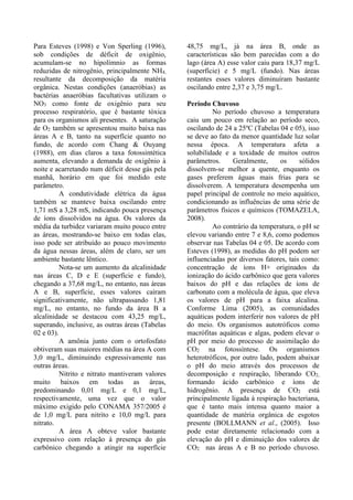 Para Esteves (1998) e Von Sperling (1996),
sob condições de déficit de oxigênio,
acumulam-se no hipolímnio as formas
reduzidas de nitrogênio, principalmente NH4,
resultante da decomposição da matéria
orgânica. Nestas condições (anaeróbias) as
bactérias anaeróbias facultativas utilizam o
NO3 como fonte de oxigênio para seu
processo respiratório, que é bastante tóxica
para os organismos ali presentes. A saturação
de O2 também se apresentou muito baixa nas
áreas A e B, tanto na superfície quanto no
fundo, de acordo com Chang & Ouyang
(1988), em dias claros a taxa fotossintética
aumenta, elevando a demanda de oxigênio à
noite e acarretando num déficit desse gás pela
manhã, horário em que foi medido este
parâmetro.
A condutividade elétrica da água
também se manteve baixa oscilando entre
1,71 mS a 3,28 mS, indicando pouca presença
de íons dissolvidos na água. Os valores da
média da turbidez variaram muito pouco entre
as áreas, mostrando-se baixo em todas elas,
isso pode ser atribuído ao pouco movimento
da água nessas áreas, além de claro, ser um
ambiente bastante lêntico.
Nota-se um aumento da alcalinidade
nas áreas C, D e E (superfície e fundo),
chegando a 37,68 mg/L, no entanto, nas áreas
A e B, superfície, esses valores caíram
significativamente, não ultrapassando 1,81
mg/L, no entanto, no fundo da área B a
alcalinidade se destacou com 43,25 mg/L,
superando, inclusive, as outras áreas (Tabelas
02 e 03).
A amônia junto com o ortofosfato
obtiveram suas maiores médias na área A com
3,0 mg/L, diminuindo expressivamente nas
outras áreas.
Nitrito e nitrato mantiveram valores
muito baixos em todas as áreas,
predominando 0,01 mg/L e 0,1 mg/L,
respectivamente, uma vez que o valor
máximo exigido pelo CONAMA 357/2005 é
de 1,0 mg/L para nitrito e 10,0 mg/L para
nitrato.
A área A obteve valor bastante
expressivo com relação à presença do gás
carbônico chegando a atingir na superfície
48,75 mg/L, já na área B, onde as
características são bem parecidas com a do
lago (área A) esse valor caiu para 18,37 mg/L
(superfície) e 5 mg/L (fundo). Nas áreas
restantes esses valores diminuíram bastante
oscilando entre 2,37 e 3,75 mg/L.
Período Chuvoso
No período chuvoso a temperatura
caiu um pouco em relação ao período seco,
oscilando de 24 a 25ºC (Tabelas 04 e 05), isso
se deve ao fato da menor quantidade luz solar
nessa época. A temperatura afeta a
solubilidade e a toxidade de muitos outros
parâmetros. Geralmente, os sólidos
dissolvem-se melhor a quente, enquanto os
gases preferem águas mais frias para se
dissolverem. A temperatura desempenha um
papel principal de controle no meio aquático,
condicionando as influências de uma série de
parâmetros físicos e químicos (TOMAZELA,
2008).
Ao contrário da temperatura, o pH se
elevou variando entre 7 e 8,6, como podemos
observar nas Tabelas 04 e 05. De acordo com
Esteves (1998), as medidas do pH podem ser
influenciadas por diversos fatores, tais como:
concentração de íons H+ originados da
ionização do ácido carbônico que gera valores
baixos do pH e das relações de íons de
carbonato com a molécula de água, que eleva
os valores de pH para a faixa alcalina.
Conforme Lima (2005), as comunidades
aquáticas podem interferir nos valores de pH
do meio. Os organismos autotróficos como
macrófitas aquáticas e algas, podem elevar o
pH por meio do processo de assimilação do
CO2 na fotossíntese. Os organismos
heterotróficos, por outro lado, podem abaixar
o pH do meio através dos processos de
decomposição e respiração, liberando CO2,
formando ácido carbônico e íons de
hidrogênio. A presença de CO2 está
principalmente ligada à respiração bacteriana,
que é tanto mais intensa quanto maior a
quantidade de matéria orgânica de esgotos
presente (BOLLMANN et al., (2005). Isso
pode estar diretamente relacionado com a
elevação do pH e diminuição dos valores de
CO2 nas áreas A e B no período chuvoso.
 