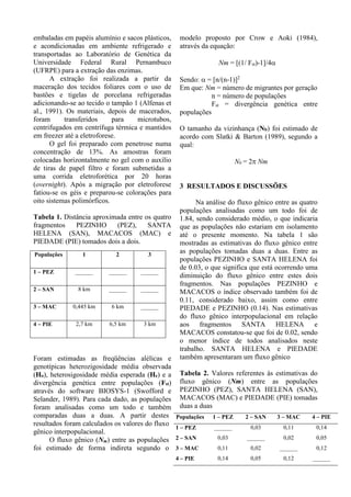 embaladas em papéis alumínio e sacos plásticos,
e acondicionadas em ambiente refrigerado e
transportadas ao Laboratório de Genética da
Universidade Federal Rural Pernambuco
(UFRPE) para a extração das enzimas.
A extração foi realizada a partir da
maceração dos tecidos foliares com o uso de
bastões e tigelas de porcelana refrigeradas
adicionando-se ao tecido o tampão 1 (Alfenas et
al., 1991). Os materiais, depois de macerados,
foram transferidos para microtubos,
centrifugados em centrífuga térmica e mantidos
em freezer até a eletroforese.
O gel foi preparado com penetrose numa
concentração de 13%. As amostras foram
colocadas horizontalmente no gel com o auxílio
de tiras de papel filtro e foram submetidas a
uma corrida eletroforética por 20 horas
(overnight). Após a migração por eletroforese
fatiou-se os géis e preparou-se colorações para
oito sistemas polimórficos.
Tabela 1. Distância aproximada entre os quatro
fragmentos PEZINHO (PEZ), SANTA
HELENA (SAN), MACACOS (MAC) e
PIEDADE (PIE) tomados dois a dois.
Foram estimadas as freqüências alélicas e
genotípicas heterozigosidade média observada
(Ho), heterosigosidade média esperada (He) e a
divergência genética entre populações (Fst)
através do software BIOSYS-1 (Swofford e
Selander, 1989). Para cada dado, as populações
foram analisadas como um todo e também
comparadas duas a duas. A partir destes
resultados foram calculados os valores do fluxo
gênico interpopulacional.
O fluxo gênico (Nm) entre as populações
foi estimado de forma indireta segundo o
modelo proposto por Crow e Aoki (1984),
através da equação:
Nm = [(1/ Fst)-1]/4
Sendo:  = [n/(n-1)]2
Em que: Nm = número de migrantes por geração
n = número de populações
Fst = divergência genética entre
populações
O tamanho da vizinhança (Nb) foi estimado de
acordo com Slatki & Barton (1989), segundo a
qual:
Nb = 2 Nm
3 RESULTADOS E DISCUSSÕES
Na análise do fluxo gênico entre as quatro
populações analisadas como um todo foi de
1.84, sendo considerado médio, o que indicaria
que as populações não estariam em isolamento
até o presente momento. Na tabela 1 são
mostradas as estimativas do fluxo gênico entre
as populações tomadas duas a duas. Entre as
populações PEZINHO e SANTA HELENA foi
de 0.03, o que significa que está ocorrendo uma
diminuição do fluxo gênico entre estes dois
fragmentos. Nas populações PEZINHO e
MACACOS o índice observado também foi de
0.11, considerado baixo, assim como entre
PIEDADE e PEZINHO (0.14). Nas estimativas
do fluxo gênico interpopulacional em relação
aos fragmentos SANTA HELENA e
MACACOS constatou-se que foi de 0.02, sendo
o menor índice de todos analisados neste
trabalho. SANTA HELENA e PIEDADE
também apresentaram um fluxo gênico
Tabela 2. Valores referentes às estimativas do
fluxo gênico (Nm) entre as populações
PEZINHO (PEZ), SANTA HELENA (SAN),
MACACOS (MAC) e PIEDADE (PIE) tomadas
duas a duas
Populações 1 2 3
1 – PEZ ______ ______ ______
2 – SAN 8 km ______ ______
3 – MAC 0,445 km 6 km ______
4 – PIE 2,7 km 6,5 km 3 km
Populações 1 – PEZ 2 – SAN 3 – MAC 4 – PIE
1 – PEZ ______ 0,03 0,11 0,14
2 – SAN 0,03 ______ 0,02 0,05
3 – MAC 0,11 0,02 ______ 0,12
4 – PIE 0,14 0,05 0,12 ______
 