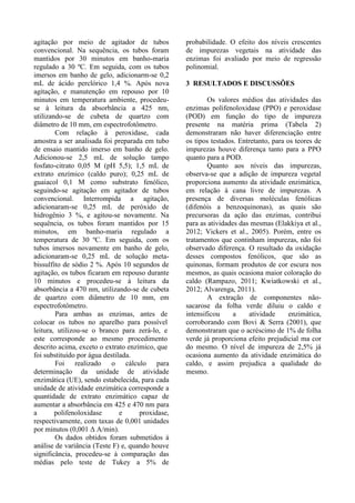 agitação por meio de agitador de tubos
convencional. Na sequência, os tubos foram
mantidos por 30 minutos em banho-maria
regulado a 30 ºC. Em seguida, com os tubos
imersos em banho de gelo, adicionarm-se 0,2
mL de ácido perclórico 1,4 %. Após nova
agitação, e manutenção em repouso por 10
minutos em temperatura ambiente, procedeu-
se à leitura da absorbância a 425 nm,
utilizando-se de cubeta de quartzo com
diâmetro de 10 mm, em espectrofotômetro.
Com relação à peroxidase, cada
amostra a ser analisada foi preparada em tubo
de ensaio mantido imerso em banho de gelo.
Adicionou-se 2,5 mL de solução tampo
fosfato-citrato 0,05 M (pH 5,5); 1,5 mL de
extrato enzímico (caldo puro); 0,25 mL de
guaiacol 0,1 M como substrato fenólico,
seguindo-se agitação em agitador de tubos
convencional. Interrompida a agitação,
adicionaram-se 0,25 mL de peróxido de
hidrogênio 3 %, e agitou-se novamente. Na
sequência, os tubos foram mantidos por 15
minutos, em banho-maria regulado a
temperatura de 30 ºC. Em seguida, com os
tubos imersos novamente em banho de gelo,
adicionaram-se 0,25 mL de solução meta-
bissulfito de sódio 2 %. Após 10 segundos de
agitação, os tubos ficaram em repouso durante
10 minutos e procedeu-se à leitura da
absorbância a 470 nm, utilizando-se de cubeta
de quartzo com diâmetro de 10 mm, em
espectrofotômetro.
Para ambas as enzimas, antes de
colocar os tubos no aparelho para possível
leitura, utilizou-se o branco para zerá-lo, e
este corresponde ao mesmo procedimento
descrito acima, exceto o extrato enzímico, que
foi substituído por água destilada.
Foi realizado o cálculo para
determinação da unidade de atividade
enzimática (UE), sendo estabelecida, para cada
unidade de atividade enzimática corresponde a
quantidade de extrato enzimático capaz de
aumentar a absorbância em 425 e 470 nm para
a polifenoloxidase e proxidase,
respectivamente, com taxas de 0,001 unidades
por minutos (0,001 Δ A/min).
Os dados obtidos foram submetidos à
análise de variância (Teste F) e, quando houve
significância, procedeu-se à comparação das
médias pelo teste de Tukey a 5% de
probabilidade. O efeito dos níveis crescentes
de impurezas vegetais na atividade das
enzimas foi avaliado por meio de regressão
polinomial.
3 RESULTADOS E DISCUSSÕES
Os valores médios das atividades das
enzimas polifenoloxidase (PPO) e peroxidase
(POD) em função do tipo de impureza
presente na matéria prima (Tabela 2)
demonstraram não haver diferenciação entre
os tipos testados. Entretanto, para os teores de
impurezas houve diferença tanto para a PPO
quanto para a POD.
Quanto aos níveis das impurezas,
observa-se que a adição de impureza vegetal
proporciona aumento da atividade enzimática,
em relação à cana livre de impurezas. A
presença de diversas moléculas fenólicas
(difenóis a benzoquinonas), as quais são
precursoras da ação das enzimas, contribui
para as atividades das mesmas (Elakkiya et al.,
2012; Vickers et al., 2005). Porém, entre os
tratamentos que continham impurezas, não foi
observado diferença. O resultado da oxidação
desses compostos fenólicos, que são as
quinonas, formam produtos de cor escura nos
mesmos, as quais ocasiona maior coloração do
caldo (Rampazo, 2011; Kwiatkowski et al.,
2012; Alvarenga, 2011).
A extração de componentes não-
sacarose da folha verde diluiu o caldo e
intensificou a atividade enzimática,
corroborando com Bovi & Serra (2001), que
demonstraram que o acréscimo de 1% de folha
verde já proporciona efeito prejudicial ma cor
do mesmo. O nível de impureza de 2,5% já
ocasiona aumento da atividade enzimática do
caldo, e assim prejudica a qualidade do
mesmo.
 