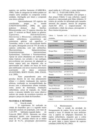 espécies em perfeita harmonia (CARREIRA,
1980). Todas as categorias de ninhos podem ser
simples (uma unidade) ou compostas (várias
unidades, interligadas por túneis e compondo
uma única colônia).
Aproximadamente 185 espécies são
consideradas pragas no mundo
(UNEP/FAO/GLOBAL, 2000), das quais
podemos destacar duas famílias:
Rhinotermitidae com 35 espécies descritas das
quais 13 ocorrem no Brasil dentre os gêneros:
Coptotermes, Dolichorhinotermes,
Heterotermes e Rhinotermes, conhecidos como
cupins subterrâneos, característicos por
construírem galerias sob superfície; e
Termitidae, maior e mais diversificada família
de cupins, abrangendo cerca de 75% de todas as
espécies conhecidas, com sete subfamílias:
Macrotermitinae, Sphaerotermitinae,
Foraminitermitinae, Apicotermitinae,
Syntermitinae, Termitinae e Nasutitermitinae.
Apesar de serem abundantes em ambientes de
matas tropicais, nos cerrados e nas caatingas,
provavelmente por processos de adaptação ao
menor espaço para sua dispersão vêm se
aproximando das cidades em busca de locais
para nidificação e de novos recursos alimentares
acarretando em danos estruturais
(ELEOTERIO; BERTI FILHO, 2000, ENGEL
et al. 2009).
Fator preponderante para este
percalço decorre de um mau planejamento
urbano e o plantio inadequado das espécies
arbóreas, resultando na incompatibilidade das
árvores com a infraestrutura urbana instalada,
como, postes de iluminação, instalações
subterrâneas, caixas de inspeção, etc. Sendo
assim, o presente trabalho teve como objetivo
realizar um estudo da ocorrência termítica em
parques e praças da cidade de Guarulhos.
MATERIAL E MÉTODOS
1.1. Área de estudo
O experimento foi realizado na
cidade de Guarulhos que é o segundo maior
município paulista em população, com mais de
1.221.979 habitantes segundo dados do
Censo do IBGE (2010). Apresenta um clima
subtropical úmido, com temperatura média
anual de 19ºC, umidade relativa do ar média
anual de 81,1%, precipitação pluviométrica
anual média de 1.470 mm e ventos dominantes
SE - NO - E – O (GUARULHOS, 2012).
Foram selecionados oito parques e
duas praças (Tabela 1) cuja cobertura vegetal
primitiva é representada pela Mata Atlântica. O
critério de escolha foi delimitado pelo tamanho
amostral dos parques, através do programa
AutoCAD 2012, e respectivamente foi
considerada a idade das praças, pressupondo o
fluxo intenso de pessoas.
Tabela 1: Tamanho (m²) e localização das áreas
estudadas.
Local Localização Área
Lago dos Patos
23°27'06.0"S
46°33'49.8"W
550,89 m2
Bosque Maia
23°27'18.6"S
46°31'57.1"W
1769,44 m2
Parque
Transguarulhense
23°26'22.8"S
46°32'39.2"W
925,63 m2
Parque Fracalanza
23°28'50.5"S
46°32'42.5"W
731,31 m2
Parque JB Maciel
23°27'22.1"S
46°31'07.3"W
1121,04 m2
Parque Escola Chico
Mendes
23°26'57.6"S
46°25'25.7"W
1038,41 m2
Parque do Jardim
City / Jardim Las
Vegas
23°25'45.7"S
46°32'33.3"W
927,38 m2
Parque Municipal
José Hettefleisch
23°27'28.8"S
46°32'51.0"W
541,81 m2
Praça Getúlio Vargas
(1952)
23°27'57.8"S
46°31'51.1"W
459,17 m2
Praça IV Centenário
(1965)
23°28'27.1"S
46°31'52.9"W
903,84 m2
1.2. Monitoramento
Para o estudo da atividade de
forrageamento de cupins, fez-se uso da coleta
manual e iscas. O método de iscas artificiais
visa à captura de subgrupos funcionais de
cupins subterrâneos, enquanto que a coleta
manual é mais adequada para o levantamento
em geral, dado o maior número de espécies
coletadas (ASSUNÇÃO, 2002).
 