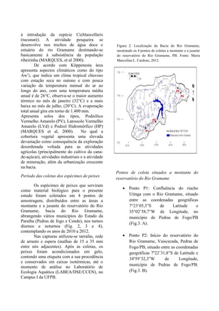 à introdução da espécie Cichlaocellaris
(tucunaré). A atividade pesqueira se
desenvolve nos trechos de água doce e
estuário do rio Gramame destinando-se
basicamente à subsistência da população
ribeirinha (MARQUES, et al 2000).
De acordo com Köppenesta área
apresenta aspectos climáticos como do tipo
Aw’i, que indica um clima tropical chuvoso
com estação seca no outono e com pouca
variação da temperatura mensal do ar ao
longo do ano, com uma temperatura média
anual é de 26°C, observa-se o maior aumento
térmico no mês de janeiro (32°C) e a mais
baixa no mês de julho, (20°C). A evaporação
total anual gira em torno de 1.400 mm.
Apresenta solos dos tipos, Podzólico
Vermelho Amarelo (PV), Latossolo Vermelho
Amarelo (LVd) e Podzol Hidromórfico (HP)
(MARQUES et al, 2000). No qual a
cobertura vegetal apresenta uma elevada
devastação como consequência da exploração
desordenada voltada para as atividades
agrícolas (principalmente do cultivo da cana-
de-açúcar), atividades industriais e a atividade
de mineração, além da urbanização crescente
na bacia.
Período das coletas dos espécimes de peixes
Os espécimes de peixes que serviram
como material biológico para o presente
estudo foram coletados em 4 pontos de
amostragem, distribuídos entre as áreas a
montante e a jusante do reservatório do Rio
Gramame, bacia do Rio Gramame,
abrangendo vários municípios do Estado da
Paraíba (Pedras de fogo e Conde), nos turnos
diurnos e noturnos (Fig. 2, 3 e 4),
contemplando os anos de 2010 a 2012.
Nas capturas utilizou-se tarrafas, rede
de arrasto e espera (malhas de 15 a 35 mm
entre nós adjacentes). Após as coletas, os
peixes foram acondicionados em gelo,
contendo uma etiqueta com a sua procedência
e conservados em caixas isotérmicas, até o
momento de análise no Laboratório de
Ecologia Aquática (LABEA/DSE/CCEN), no
Campus I da UFPB.
Pontos de coleta situados a montante do
reservatório do Rio Gramame
 Ponto P1: Confluência do riacho
Utinga com o Rio Gramame, situado
entre as coordenadas geográficas
7°23’05,3”S de Latitude e
35°02’58,7”W de Longitude, no
município de Pedras de Fogo/PB
(Fig.3. A).
 Ponto P2: Início do reservatório do
Rio Gramame, Vaiscecada, Pedras de
Fogo/PB, situado entre as coordenadas
geográficas 7º22’31,8”S de Latitude e
34º59’32,3”W de Longitude,
município de Pedras de Fogo/PB.
(Fig.3. B).
Figura 2. Localização da Bacia do Rio Gramame,
mostrando os 4 pontos de coletas a montante e a jusante
do reservatório do Rio Gramame, PB. Fonte: Maria
Marcolina L. Cardoso, 2012.
 