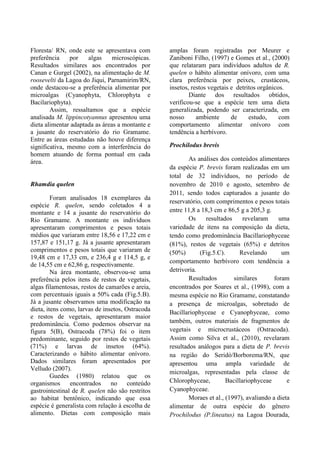 Floresta/ RN, onde este se apresentava com
preferência por algas microscópicas.
Resultados similares aos encontrados por
Canan e Gurgel (2002), na alimentação de M.
roosevelti da Lagoa do Jiqui, Parnamirim/RN,
onde destacou-se a preferência alimentar por
microalgas (Cyanophyta, Chlorophyta e
Bacilariophyta).
Assim, ressaltamos que a espécie
analisada M. lippincotyannus apresentou uma
dieta alimentar adaptada as áreas a montante e
a jusante do reservatório do rio Gramame.
Entre as áreas estudadas não houve diferença
significativa, mesmo com a interferência do
homem atuando de forma pontual em cada
área.
Rhamdia quelen
Foram analisados 18 exemplares da
espécie R. quelen, sendo coletados 4 a
montante e 14 a jusante do reservatório do
Rio Gramame. A montante os indivíduos
apresentaram comprimentos e pesos totais
médios que variaram entre 18,56 e 17,22 cm e
157,87 e 151,17 g. Já a jusante apresentaram
comprimentos e pesos totais que variaram de
19,48 cm e 17,33 cm, e 236,4 g e 114,5 g, e
de 14,55 cm e 62,86 g, respectivamente.
Na área montante, observou-se uma
preferência pelos itens de restos de vegetais,
algas filamentosas, restos de camarões e areia,
com percentuais iguais a 50% cada (Fig.5.B).
Já a jusante observamos uma modificação na
dieta, itens como, larvas de insetos, Ostracoda
e restos de vegetais, apresentaram maior
predominância. Como podemos observar na
figura 5(B), Ostracoda (78%) foi o item
predominante, seguido por restos de vegetais
(71%) e larvas de insetos (64%).
Caracterizando o hábito alimentar onívoro.
Dados similares foram apresentados por
Velludo (2007).
Guedes (1980) relatou que os
organismos encontrados no conteúdo
gastrointestinal de R. quelen não são restritos
ao habitat bentônico, indicando que essa
espécie é generalista com relação à escolha de
alimento. Dietas com composição mais
amplas foram registradas por Meurer e
Zaniboni Filho, (1997) e Gomes et al., (2000)
que relataram para indivíduos adultos de R.
quelen o hábito alimentar onívoro, com uma
clara preferência por peixes, crustáceos,
insetos, restos vegetais e detritos orgânicos.
Diante dos resultados obtidos,
verificou-se que a espécie tem uma dieta
generalizada, podendo ser caracterizada, em
nosso ambiente de estudo, com
comportamento alimentar onívoro com
tendência a herbívoro.
Prochilodus brevis
As análises dos conteúdos alimentares
da espécie P. brevis foram realizadas em um
total de 32 indivíduos, no período de
novembro de 2010 e agosto, setembro de
2011, sendo todos capturados a jusante do
reservatório, com comprimentos e pesos totais
entre 11,8 a 18,3 cm e 86,5 g a 205,3 g.
Os resultados revelaram uma
variedade de itens na composição da dieta,
tendo como predominância Bacillariophyceae
(81%), restos de vegetais (65%) e detritos
(50%) (Fig.5.C). Revelando um
comportamento herbívoro com tendência a
detrivoria.
Resultados similares foram
encontrados por Soares et al., (1998), com a
mesma espécie no Rio Gramame, constatando
a presença de microalgas, sobretudo de
Bacillariophyceae e Cyanophyceae, como
também, outros materiais de fragmentos de
vegetais e microcrustáceos (Ostracoda).
Assim como Silva et al., (2010), revelaram
resultados análogos para a dieta de P. brevis
na região do Seridó/Borborema/RN, que
apresentou uma ampla variedade de
microalgas, representadas pela classe de
Chlorophyceae, Bacillariophyceae e
Cyanophyceae.
Moraes et al., (1997), avaliando a dieta
alimentar de outra espécie do gênero
Prochilodus (P.lineatus) na Lagoa Dourada,
 