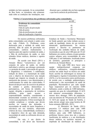 unidade era bem equipada. Já na comunidade
de Boa Sorte, os moradores não relataram
nada sobre as condições das instalações, mas
disseram que a unidade não era bem equipada
e que havia carência de profissionais.
Tabela 2. Características dos problemas enfrentados pelas comunidades.
n =11
Problemas da comunidade
Deslocação 01
Falta de ações de prevenção 01
Falta de posto 07
Falta de profissionais da saúde 05
Falta de medicação e logística 01
Os maiores problemas enfrentados
pelas comunidades com relação à saúde como
um todo (Tabela 2). Problemas como
deslocação para a unidade de saúde mais
próxima, falta de ações de prevenção nas
comunidades, carência medicamentos e
logística para dar suporte à unidade de saúde, e
a falta de profissionais da saúde, os mais
relatados foram médicos, dentistas e agentes
de saúde.
De acordo com Brasil (2011) a
Atenção Básica “caracteriza-se por um
conjunto de ações de saúde, no âmbito
individual e coletivo, que abrange a promoção
e a proteção da saúde, a prevenção de agravos,
o diagnóstico, o tratamento, a reabilitação,
redução de danos e a manutenção da saúde
com o objetivo de desenvolver uma atenção
integral que impacte na situação de saúde e
autonomia das pessoas e nos determinantes e
condicionantes de saúde das coletividades. É
desenvolvida por meio do exercício de práticas
de cuidado e gestão, democráticas e
participativas, sob forma de trabalho em
equipe, dirigidas a populações de territórios
definidos, pelas quais assume a
responsabilidade sanitária, considerando a
dinamicidade existente no território em que
vivem essas populações. Utiliza tecnologias de
cuidado complexas e variadas que devem
auxiliar no manejo das demandas e
necessidades de saúde de maior frequência e
relevância em seu território, observando
critérios de risco, vulnerabilidade, resiliência e
o imperativo ético de que toda demanda,
necessidade de saúde ou sofrimento devem ser
acolhidos”.
Ou seja, é um direito da
comunidade, e um dever das Secretarias
Estaduais de Saúde e Secretarias Municipais
de Saúde garantir que todas tenham acesso à
saúde de qualidade, dentro de um território
demarcado igualitariamente. Na mesma
portaria é descrito os parâmetros de
localização das unidades básicas de saúde,
recomenda-se que de uma UBS para até 18 mil
habitantes em centros urbanos, já para grandes
centros urbanos seria recomendado de uma
UBS para 12 mil habitantes, localizada dentro
do território, garantindo os princípios e
diretrizes da Atenção Básica.
Em cada UBS deve haver uma
equipe multiprofissional composta por
médicos, enfermeiros, cirurgiões-dentistas,
auxiliar em saúde bucal ou técnica em saúde
bucal, auxiliar de enfermagem ou técnico de
enfermagem e Agentes Comunitários da Saúde
(ACS), e se for necessário outros profissionais,
de acordo com a realidade epidemiológica,
institucional e das necessidades de saúde da
população. Recomenda-se que cada equipe
fique responsável por no máximo 4.000
habitantes, sendo a média de 3.000 habitantes,
seguindo um grau de vulnerabilidade. O ACS
tem números recomendados diferentes, o
mesmo deve abranger 100% da população,
com um máximo de 750 pessoas por ACS e de
12 ACS por equipe de Saúde da Família, e
todos devem atingir uma carga horária de 40
horas semanais (BRASIL, 2011).
O Ministério da Saúde (2011)
preconiza 2,5 médicos para cada 1000
habitantes, mas a média nacional é de 1,8
médicos para cada 1000 habitantes, os
problemas básicos nessa área são o número
insuficiente de médicos e a má distribuição
desses médicos no território nacional. A
amplitude de distribuição de médicos por
 