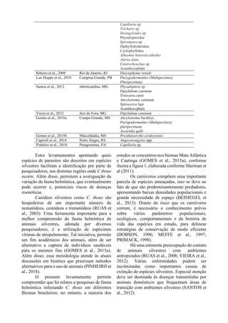 Capillaria sp.
Trichuris sp.
Strongyloides sp.
Physalopteridae
Spirometra sp.
Diphyllobothriidae
Cyclophyllidea
Athesmia heterolecithodes
Alaria alata
Centrorhynchus sp.
Acanthocephala
Ribeiro et al., 2009 Rio de Janeiro, RJ Dioctophyme renale
Lux Hoppe et al., 2010 Campina Grande, PB Pterygodermatites (Multipectines)
Pluripectinata
Santos et al., 2012 Jaboticatubas, MG Physaloptera sp.
Dipylidium caninum
Toxocara canis
Ancylostoma caninum
Spirocerca lupi
Acanthocephala
Vieira et al., 2012 Juiz de Fora, MG Dipylidium caninum
Gomes et al., 2015a Campo Grande, MS Ancylostoma buckleyi,
Pterigodermatites (Multipectines)
pluripectinata
Ascaridia galli
Gomes et al., 2015b Nhecolândia, MS Prosthenorchis cerdocyonis
Caprioli et al., 2018 Porto Alegre, RS Angiostrongylus spp.
Pinheiro et al., 2018 Paragominas, PA Capillaria sp.
Estes levantamentos apontando quais
espécies de parasitos são descritos em espécies
silvestres facilitam a identificação por parte de
pesquisadores, nas distintas regiões onde C thous
ocorre. Além disso, permitem a averiguação da
variação da fauna helmíntica, que eventualmente
pode ocorrer e, potenciais riscos de doenças
zoonóticas.
Canídeos silvestres como C. thous são
hospedeiros de um importante número de
nematódeos, cestódeos e trematódeos (RUAS et
al., 2003). Uma ferramenta importante para a
melhor compreensão da fauna helmíntica de
animais silvestres, adotada por diversos
pesquisadores, é a utilização de espécimes
vítimas de atropelamento. Tal iniciativa, permite
um fim acadêmicos dos animais, além de ser
alternativo a captura de indivíduos saudáveis
para os mesmos fins (GOMES et al., 2015a).
Além disso, essa metodologia atende às atuais
discussões em bioética que priorizam métodos
alternativos para o uso de animais (PINHEIRO et
al., 2018).
O presente levantamento permite
compreender que há relatos e pesquisas de fauna
helmíntica infectando C. thous em diferentes
Biomas brasileiros; no entanto, a maioria dos
estudos se concentrou nos biomas Mata Atlântica
e Caatinga (GOMES et al., 2015a), conforme
ilustra a figura 1, elaborada conforme Sherman et
al (2011).
Os carnívoros compõem uma importante
parcela de espécies ameaçadas, isso se deve ao
fato de que são predominantemente predadores,
apresentando baixas densidades populacionais e
grande necessidade de espaço (BEISIEGEL et
al., 2013). Diante do risco que os carnívoros
correm, é necessário o conhecimento prévio
sobre vários parâmetros populacionais,
ecológicos, comportamentais e da história de
vida das espécies em estudo, para delinear
estratégias de conservação de modo eficiente
(DOBSON, 1996; MEFFE et al., 1997;
PRIMACK, 1998).
Há uma eminente preocupação do contato
de animais silvestres com ambientes
antropizados (RUAS et al., 2008; VIEIRA et al.,
2012). Várias enfermidades podem ser
incriminadas como importantes causas de
extinção de espécies silvestres. Especial atenção
deve ser destinada às doenças transmitidas por
animais domésticos que frequentam áreas de
transição com ambientes silvestres (SANTOS et
al., 2012).
 