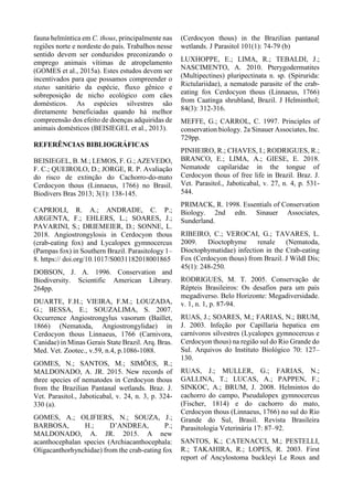 fauna helmíntica em C. thous, principalmente nas
regiões norte e nordeste do país. Trabalhos nesse
sentido devem ser conduzidos preconizando o
emprego animais vítimas de atropelamento
(GOMES et al., 2015a). Estes estudos devem ser
incentivados para que possamos compreender o
status sanitário da espécie, fluxo gênico e
sobreposição de nicho ecológico com cães
domésticos. As espécies silvestres são
diretamente beneficiadas quando há melhor
compreensão dos efeito de doenças adquiridas de
animais domésticos (BEISIEGEL et al., 2013).
REFERÊNCIAS BIBLIOGRÁFICAS
BEISIEGEL, B. M.; LEMOS, F. G.; AZEVEDO,
F. C.; QUEIROLO, D.; JORGE, R. P. Avaliação
do risco de extinção do Cachorro-do-mato
Cerdocyon thous (Linnaeus, 1766) no Brasil.
Biodivers Bras 2013; 3(1): 138-145.
CAPRIOLI, R. A.; ANDRADE, C. P.;
ARGENTA, F.; EHLERS, L.; SOARES, J.;
PAVARINI, S.; DRIEMEIER, D.; SONNE, L.
2018. Angiostrongylosis in Cerdocyon thous
(crab-eating fox) and Lycalopex gymnocercus
(Pampas fox) in Southern Brazil. Parasitology 1–
8. https:// doi.org/10.1017/S0031182018001865
DOBSON, J. A. 1996. Conservation and
Biodiversity. Scientific American Library.
264pp.
DUARTE, F.H.; VIEIRA, F.M.; LOUZADA,
G.; BESSA, E.; SOUZALIMA, S. 2007.
Occurrence Angiostrongylus vasorum (Baillet,
1866) (Nematoda, Angiostrongylidae) in
Cerdocyon thous Linnaeus, 1766 (Carnivora,
Canidae) in Minas Gerais State Brazil. Arq. Bras.
Med. Vet. Zootec., v.59, n.4, p.1086-1088.
GOMES, N.; SANTOS, M.; SIMÕES, R.;
MALDONADO, A. JR. 2015. New records of
three species of nematodes in Cerdocyon thous
from the Brazilian Pantanal wetlands. Braz. J.
Vet. Parasitol., Jaboticabal, v. 24, n. 3, p. 324-
330 (a).
GOMES, A.; OLIFIERS, N.; SOUZA, J.;
BARBOSA, H.; D’ANDREA, P.;
MALDONADO, A. JR. 2015. A new
acanthocephalan species (Archiacanthocephala:
Oligacanthorhynchidae) from the crab-eating fox
(Cerdocyon thous) in the Brazilian pantanal
wetlands. J Parasitol 101(1): 74-79 (b)
LUXHOPPE, E.; LIMA, R.; TEBALDI, J.;
NASCIMENTO, A. 2010. Pterygodermatites
(Multipectines) pluripectinata n. sp. (Spirurida:
Rictulariidae), a nematode parasite of the crab-
eating fox Cerdocyon thous (Linnaeus, 1766)
from Caatinga shrubland, Brazil. J Helminthol;
84(3): 312-316.
MEFFE, G.; CARROL, C. 1997. Principles of
conservation biology. 2a Sinauer Associates, Inc.
729pp.
PINHEIRO, R.; CHAVES, I.; RODRIGUES, R.;
BRANCO, E.; LIMA, A.; GIESE, E. 2018.
Nematode capilaridae in the tongue of
Cerdocyon thous of free life in Brazil. Braz. J.
Vet. Parasitol., Jaboticabal, v. 27, n. 4, p. 531-
544.
PRIMACK, R. 1998. Essentials of Conservation
Biology. 2nd edn. Sinauer Associates,
Sunderland.
RIBEIRO, C.; VEROCAI, G.; TAVARES, L.
2009. Dioctophyme renale (Nematoda,
Dioctophymatidae) infection in the Crab-eating
Fox (Cerdocyon thous) from Brazil. J Wildl Dis;
45(1): 248-250.
RODRIGUES, M. T. 2005. Conservação de
Répteis Brasileiros: Os desafios para um país
megadiverso. Belo Horizonte: Megadiversidade.
v. 1, n. 1, p. 87-94.
RUAS, J.; SOARES, M.; FARIAS, N.; BRUM,
J. 2003. Infeção por Capillaria hepatica em
carnívoros silvestres (Lycalopex gymnocercus e
Cerdocyon thous) na região sul do Rio Grande do
Sul. Arquivos do Instituto Biológico 70: 127–
130.
RUAS, J.; MULLER, G.; FARIAS, N.;
GALLINA, T.; LUCAS, A.; PAPPEN, F.;
SINKOC, A.; BRUM, J. 2008. Helmintos do
cachorro do campo, Pseudalopex gymnocercus
(Fischer, 1814) e do cachorro do mato,
Cerdocyon thous (Linnaeus, 1766) no sul do Rio
Grande do Sul, Brasil. Revista Brasileira
Parasitologia Veterinária 17: 87–92.
SANTOS, K.; CATENACCI, M.; PESTELLI,
R.; TAKAHIRA, R.; LOPES, R. 2003. First
report of Ancylostoma buckleyi Le Roux and
 