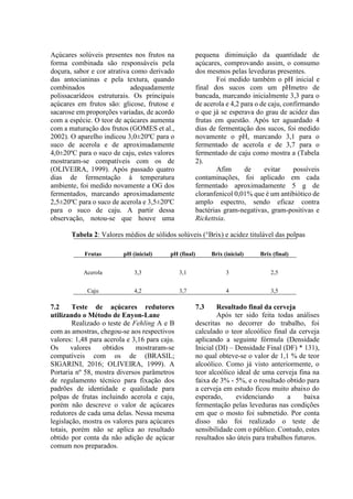 Açúcares solúveis presentes nos frutos na
forma combinada são responsáveis pela
doçura, sabor e cor atrativa como derivado
das antocianinas e pela textura, quando
combinados adequadamente
polissacarídeos estruturais. Os principais
açúcares em frutos são: glicose, frutose e
sacarose em proporções variadas, de acordo
com a espécie. O teor de açúcares aumenta
com a maturação dos frutos (GOMES et al.,
2002). O aparelho indicou 3,0±20ºC para o
suco de acerola e de aproximadamente
4,0±20ºC para o suco de caju, estes valores
mostraram-se compatíveis com os de
(OLIVEIRA, 1999). Após passado quatro
dias de fermentação à temperatura
ambiente, foi medido novamente a OG dos
fermentados, marcando aproximadamente
2,5±20ºC para o suco de acerola e 3,5±20ºC
para o suco de caju. A partir dessa
observação, notou-se que houve uma
pequena diminuição da quantidade de
açúcares, comprovando assim, o consumo
dos mesmos pelas leveduras presentes.
Foi medido também o pH inicial e
final dos sucos com um pHmetro de
bancada, marcando inicialmente 3,3 para o
de acerola e 4,2 para o de caju, confirmando
o que já se esperava do grau de acidez das
frutas em questão. Após ter aguardado 4
dias de fermentação dos sucos, foi medido
novamente o pH, marcando 3,1 para o
fermentado de acerola e de 3,7 para o
fermentado de caju como mostra a (Tabela
2).
Afim de evitar possíveis
contaminações, foi aplicado em cada
fermentado aproximadamente 5 g de
cloranfenicol 0,01% que é um antibiótico de
amplo espectro, sendo eficaz contra
bactérias gram-negativas, gram-positivas e
Rickettsia.
Tabela 2: Valores médios de sólidos solúveis (°Brix) e acidez titulável das polpas
Frutas pH (inicial) pH (final) Brix (inicial) Brix (final)
Acerola 3,3 3,1 3 2,5
Caju 4,2 3,7 4 3,5
7.2 Teste de açúcares redutores
utilizando o Método de Enyon-Lane
Realizado o teste de Fehling A e B
com as amostras, chegou-se aos respectivos
valores: 1,48 para acerola e 3,16 para caju.
Os valores obtidos mostraram-se
compatíveis com os de (BRASIL;
SIGARINI, 2016; OLIVEIRA, 1999). A
Portaria nº 58, mostra diversos parâmetros
de regulamento técnico para fixação dos
padrões de identidade e qualidade para
polpas de frutas incluindo acerola e caju,
porém não descreve o valor de açúcares
redutores de cada uma delas. Nessa mesma
legislação, mostra os valores para açúcares
totais, porém não se aplica ao resultado
obtido por conta da não adição de açúcar
comum nos preparados.
7.3 Resultado final da cerveja
Após ter sido feita todas análises
descritas no decorrer do trabalho, foi
calculado o teor alcoólico final da cerveja
aplicando a seguinte fórmula (Densidade
Inicial (DI) – Densidade Final (DF) * 131),
no qual obteve-se o valor de 1,1 % de teor
alcoólico. Como já visto anteriormente, o
teor alcoólico ideal de uma cerveja fina na
faixa de 3% - 5%, e o resultado obtido para
a cerveja em estudo ficou muito abaixo do
esperado, evidenciando a baixa
fermentação pelas leveduras nas condições
em que o mosto foi submetido. Por conta
disso não foi realizado o teste de
sensibilidade com o público. Contudo, estes
resultados são úteis para trabalhos futuros.
 