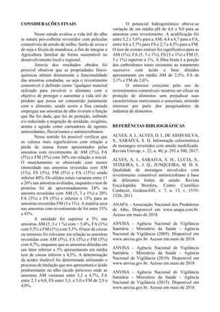 CONSIDERAÇÕES FINAIS
Nesse estudo avaliou a vida útil do alho
in natura pós-colheita revestidos com películas
comestíveis de amido de milho, farelo de aveia e
de soja e fécula de mandioca, a fim de integrar a
Agricultura familiar de forma sustentável no
desenvolvimento local e regional.
Através dos resultados obtidos foi
possível observar que as propriedades físico-
químicas afetam diretamente a funcionalidade
das amostras estudadas, ou seja o revestimento
comestível é definido como “qualquer material
utilizado para envolver o alimento com o
objetivo de proteger e aumentar a vida útil do
produto que possa ser consumido juntamente
com o alimento, sendo assim a fina camada
empregue nas amostras de alho tiveram a função
que lhe foi dada, que foi de proteção, inibindo
e/o reduzindo a migração de umidade, oxigênio,
aroma e agindo como carreadores de agentes
antioxidantes, flavorizantes e antimicrobianos.
Nesse sentido foi possível verificar que
os valores mais significativos com relação a
perda de massa foram apresentados pelas
amostras com revestimento de AM (5%), FA
(5%) e FM (5%) com 50% em relação a inicial.
O murchamento se observado com menor
intensidade nas amostras revestidas com AM
(1%), FS (3%), FM (5%) e FA (15%) sendo
inferior 40%. Os sólidos totais variaram entre 11
a 26% nas amostras avaliadas, enquanto o teor de
proteína foi de aproximadamente 24% na
amostra revestidas com AM (5, 3 e 1%) e 20%
FA (3%) e FS (5%) e inferior a 15% para as
amostras revestidas FM (3 e 1%). A matéria seca
nas amostras com revestimento de foi entre 33%
a 43%.
A umidade foi superior a 5% nas
amostras AM (5, 3 e 1 %) com > 5,4%, FA (1%)
com 5,5% e FM (1%) com 5,3%. O teor de cinzas
ou minerais foi relevante em relação as amostras
revestidas com AM (5%), FA (5%) e FM (5%)
com 4,7%, enquanto que as amostras diluídas em
um fator inferior a 3% apresentaram em média
teor de cinzas inferior a 4,5%. A determinação
da acidez titulável foi determinada utilizando o
processo de titulação que nos apresentará o ácido
predominante no alho (ácido pirúvico) onde as
amostras AM variaram entre 3,3 a 4,7%, FA
entre 2,3 a 6,0, FS entre 3,3, a 5,0 e FM de 2,9 a
4,0%.
O potencial hidrogeniônico obteve-se
variação de em média pH de 4,6 a 9,0 para as
amostras com revestimento. A acidificação foi
entre 5,2 e 5,6% para a AM; 4,4 a 6,7 para a FA,
entre 4,6 a 5,7% para FS e 2,7 a 4,5% para a FM.
O teor de extrato estéreo foi significativo para as
AM (1%), FA (5, 3 e 1%), FS (3 e 1%) e FM (5,
3 e 1%) superior a 1%. A fibra bruta é a porção
dos carboidratos totais resistente ao tratamento
sucessivo com ácido e base diluídos
apresentaram em média AM de 2,5%, FA de
3,1% e FM de 2,6%.
O interesse crescente pelo uso de
revestimentos comestíveis mostrou ser eficaz na
proteção de alimentos sem prejudicar suas
características nutricionais e sensoriais, atraindo
interesse por parte dos pesquisadores da
indústria de alimentos.
REFERÊNCIAS BIBLIOGRÁFICAS
ALVES, A. I., ALVES, D. I., DE ASSIS SILVA,
S., SARAIVA, S. H. Informação colorimétrica
de morangos revestidos com amido modificado.
Revista Univap, v. 22, n. 40, p. 293 a 300, 2017.
ALVES, A. I., SARAIVA, S. H., LUCIA, S.,
TEIXEIRA, L. J. Q., JUNQUEIRA, M. D. S.
Qualidade de morangos envolvidos com
revestimento comestível antimicrobiano à base
de diferentes fontes de amido. Revista
Enciclopédia Biosfera, Centro Científico
Conhecer, Goiânia-GO, v. 7, n. 13, v. 1519-
1526, 2011.
ANAPA - Associação Nacional dos Produtores
de Alho. Disponível em www.anapa.com.br.
Acesso em maio de 2018.
ANVISA - Agência Nacional de Vigilância
Sanitária - Ministério da Saúde - Agência
Nacional de Vigilância (2005). Disponível em
www.anvisa.gov.br. Acesso em maio de 2018.
ANVISA - Agência Nacional de Vigilância
Sanitária - Ministério da Saúde - Agência
Nacional de Vigilância (2010). Disponível em
www.anvisa.gov.br. Acesso em maio de 2018.
ANVISA - Agência Nacional de Vigilância
Sanitária - Ministério da Saúde - Agência
Nacional de Vigilância (2015). Disponível em
www.anvisa.gov.br. Acesso em maio de 2018.
 