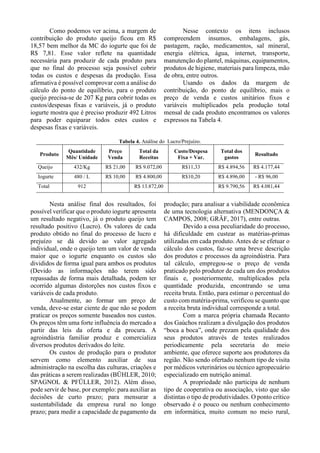Como podemos ver acima, a margem de
contribuição do produto queijo ficou em R$
18,57 bem melhor da MC do iogurte que foi de
R$ 7,81. Esse valor reflete na quantidade
necessária para produzir de cada produto para
que no final do processo seja possível cobrir
todas os custos e despesas da produção. Essa
afirmativa é possível comprovar com a análise do
cálculo do ponto de equilíbrio, para o produto
queijo precisa-se de 207 Kg para cobrir todas os
custos/despesas fixas e variáveis, já o produto
iogurte mostra que é preciso produzir 492 Litros
para poder equiparar todos estes custos e
despesas fixas e variáveis.
Nesse contexto os itens inclusos
compreendem insumos, embalagens, gás,
pastagem, ração, medicamentos, sal mineral,
energia elétrica, água, internet, transporte,
manutenção do plantel, máquinas, equipamentos,
produtos de higiene, materiais para limpeza, mão
de obra, entre outros.
Usando os dados da margem de
contribuição, do ponto de equilíbrio, mais o
preço de venda e custos unitários fixos e
variáveis multiplicados pela produção total
mensal de cada produto encontramos os valores
expressos na Tabela 4.
Tabela 4. Análise do Lucro/Prejuízo.
Produto
Quantidade
Mês/ Unidade
Preço
Venda
Total da
Receitas
Custo/Despesa
Fixa + Var.
Total dos
gastos
Resultado
Queijo 432/Kg R$ 21,00 R$ 9.072,00 R$11,33 R$ 4.894,56 R$ 4.177,44
Iogurte 480 / L R$ 10,00 R$ 4.800,00 R$10,20 R$ 4.896,00 - R$ 96,00
Total 912 R$ 13.872,00 R$ 9.790,56 R$ 4.081,44
Nesta análise final dos resultados, foi
possível verificar que o produto iogurte apresenta
um resultado negativo, já o produto queijo tem
resultado positivo (Lucro). Os valores de cada
produto obtido no final do processo de lucro e
prejuízo se dá devido ao valor agregado
individual, onde o queijo tem um valor de venda
maior que o iogurte enquanto os custos são
divididos de forma igual para ambos os produtos
(Devido as informações não terem sido
repassadas de forma mais detalhada, podem ter
ocorrido algumas distorções nos custos fixos e
variáveis de cada produto.
Atualmente, ao formar um preço de
venda, deve-se estar ciente de que não se podem
praticar os preços somente baseados nos custos.
Os preços têm uma forte influência do mercado a
partir das leis da oferta e da procura. A
agroindústria familiar produz e comercializa
diversos produtos derivados do leite.
Os custos de produção para o produtor
servem como elemento auxiliar de sua
administração na escolha das culturas, criações e
das práticas a serem realizadas (BÜHLER, 2010;
SPAGNOL & PFÜLLER, 2012). Além disso,
pode servir de base, por exemplo: para auxiliar as
decisões de curto prazo; para mensurar a
sustentabilidade da empresa rural no longo
prazo; para medir a capacidade de pagamento da
produção; para analisar a viabilidade econômica
de uma tecnologia alternativa (MENDONÇA &
CAMPOS, 2008; GRÄF, 2017), entre outras.
Devido a essa peculiaridade do processo,
há dificuldade em custear as matérias-primas
utilizadas em cada produto. Antes de se efetuar o
cálculo dos custos, faz-se uma breve descrição
dos produtos e processos da agroindústria. Para
tal cálculo, empregou-se o preço de venda
praticado pelo produtor de cada um dos produtos
finais e, posteriormente, multiplicados pela
quantidade produzida, encontrando se uma
receita bruta. Então, para estimar o percentual do
custo com matéria-prima, verificou se quanto que
a receita bruta individual corresponde a total.
Com a marca própria chamada Recanto
dos Gaúchos realizam a divulgação dos produtos
“boca a boca”, onde prezam pela qualidade dos
seus produtos através de testes realizados
periodicamente pela secretaria do meio
ambiente, que oferece suporte aos produtores da
região. Não sendo ofertado nenhum tipo de visita
por médicos veterinários ou técnico agropecuário
especializado em nutrição animal.
A propriedade não participa de nenhum
tipo de cooperativa ou associação, visto que são
distintas o tipo de produtividades. O ponto crítico
observado é o pouco ou nenhum conhecimento
em informática, muito comum no meio rural,
 