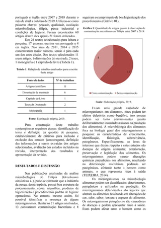 português e inglês entre 2007 e 2018 durante o
mês de abril a outubro de 2019. Utilizou-se como
palavras chaves: pescado, qualidade, avaliação
microbiológica, tilápia, pesca industrial e
condições de higiene. Foram encontrados 60
artigos dentre eles apenas 21 foram utilizados.
Dos 21 textos selecionados para leitura e
pesquisa, 17 estavam escritos em português e 4
em inglês. Nos anos de 2011, 2014 e 2015
concentraram maior número, sendo 4 para cada
um dos anos citado. Dos textos selecionados 11
eram artigos, 6 dissertações de mestrado, 2 teses,
1 monografia e 1 capítulo de livro (Tabela 1).
Tabela 1: Relação de trabalhos analisados para a escrita
deste artigo
Fonte de dados N° de trabalhos
Artigos científicos 11
Dissertação de mestrado 6
Capítulo de Livro 1
Teses de Doutorado 2
Monografia 1
Fonte: Elaboração própria, 2019.
Para construção deste trabalho
contemplou as seguintes etapas: identificação do
tema e definição da questão de pesquisa,
estabelecimento de critérios para inclusão e
exclusão dos estudos (amostragem), definição
das informações a serem extraídas dos artigos
selecionados, avaliação dos estudos incluídos na
revisão, interpretação dos resultados e
apresentação da revisão.
RESULTADOS E DISCUSSÃO
Nas publicações analisadas da análise
microbiológica de Tilápia (Orechromis
nitoloticus L.), pode-se constatar que a indústria
da pesca, dessa espécie, possui boa estrutura de
processamento, como: utensílios, produtos de
higienização e procedimentos padrão de higiene
operacional. No entanto, mesmo assim, foi
possível identificar a presença de alguns
microrganismos. Dentre os 21 artigos analisados,
13 constataram contaminação bacteriana e 8
seguiram o cumprimento de boa higienização dos
procedimentos (Gráfico 01).
Gráfico 1: Quantidade de artigos quanto à observação de
contaminação microbiana em Tilápia entre 2007 e 2018
Fonte: Elaboração própria, 2019.
Existe uma grande variedade de
microrganismos em alimentos, estes podem ter
efeitos deletérios como benéfico, isso porque
podem ser tanto contaminantes quanto
deliberadamente inoculados (usados na produção
dos alimentos). A microbiologia dos alimentos
foca na biologia geral dos microrganismos e
pesquisa: as características de crescimento,
identificação, fisiologia, sobrevivência,
patogêneses. Especificamente, as áreas de
interesse que dizem respeito a estes estudos são
doenças de origem alimentar, deterioração,
preservação e legislação dos alimentos. Os
microrganismos podem causar alterações
químicas prejudiciais nos alimentos, resultando
na deterioração microbiana podendo ser
patogênicos, afetando tanto o homem como
animais, o que representa risco à saúde
(TEIXEIRA, 2014).
Os microrganismos na microbiologia
alimentar podem ser classificados: deteriorantes,
patogênicos e utilizados na produção. Os
microrganismos deteriorantes são aqueles que
alteram os alimentos resultando em alterações de
cor, odor, sabor, textura e aspecto do alimento.
Os microrganismos patogênicos são causadores
de doenças e podem apresentar risco à saúde.
Estes podem afetar tanto o homem como os
13
8
Com contaminação Sem contaminação
 