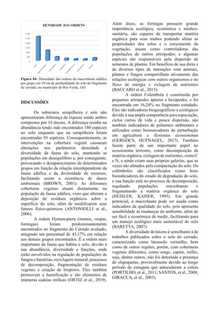 Figura 04- Densidade das ordens da macrofauna edáfica
por grupo em 10 cm de profundidade do solo do fragmento
de cerrado, no município de Rio Verde, GO.
DISCUSSÕES
Os substratos serapilheira e solo não
apresentaram diferença de riqueza sendo ambos
compostos por 16 táxons. A diferença residiu na
abundância tendo sido encontrados 180 espécies
no solo enquanto que na serapilheira foram
encontradas 93 espécies. Consequentemente, as
intervenções na cobertura vegetal causaram
alterações nos parâmetros densidade e
diversidade da fauna do solo, mantendo as
populações em desequilíbrio e, por conseguinte,
provocando o desaparecimento de determinados
grupos em função da relação interdependente da
fauna edáfica e da diversidade de recursos,
facilitando assim a ocorrência de danos
ambientais (BROWN, 2001). As diferentes
coberturas vegetais atuam diretamente na
população da fauna edáfica, visto que alteram a
deposição de resíduos orgânicos sobre a
superfície do solo, além de modificarem seus
fatores físico-químicos (ANTONIOLLI et al.,
2006).
A ordem Hymenoptera (insetos, vespas,
formigas) foram predominantemente
encontrados no fragmento do Cerrado avaliado,
atingindo um percentual de 43,17% em relação
aos demais grupos encontrados. É a ordem mais
importante da fauna que habita o solo, devido à
sua abundância, diversidade e funções, onde
estão envolvidos na regulação de populações de
fungos e bactérias, reciclagem mineral, processos
de decomposição, fragmentação de resíduos
vegetais e criação de bioporos. Eles também
promovem a humificação e são elementos de
inúmeras cadeias tróficas (ORTIZ et al., 2019).
Além disso, as formigas possuem grande
importância ecológica, econômica e médico-
sanitária, são capazes de transportar matéria
orgânica para seus ninhos podendo afetar as
propriedades dos solos e o crescimento da
vegetação, atuam como controladoras das
populações de outros artrópodes; e algumas
espécies são responsáveis pela dispersão de
sementes de plantas. Em benefício de sua dieta e
de diversos tipos de interações com animais,
plantas e fungos compartilham ativamente das
relações ecológicas com outros organismos e no
fluxo de energia e ciclagem de nutrientes
(BACCARO et al., 2015).
A ordem Colembola é constituída por
pequenos artrópodes ápteros e hexápodes, e foi
encontrada em 16,24% no fragmento estudado.
Eles são indicadores biogeográficos e ecológicos
devido à sua ampla competência para especiação,
ciclos curtos de vida e pouca dispersão, são
também indicadores de poluentes ambientais e
utilizados como biomarcadores de perturbação
em agricultura e florestais ecossistemas
(GERGÓCS; HUFNAGEL, 2017). Também
fazem parte de um importante papel no
ecossistema terrestre, como decomposição da
matéria orgânica, ciclagem de nutrientes, como C
e N, e ainda criam suas próprias galerias, que as
vezes são afetados pela compactação do solo. Os
colêmbolos são classificados como bons
bioindicadores do estado de degradação do solo,
e sua função está no processo de decomposição,
regulando populações microbianas e
fragmentando a matéria orgânica do solo
(HEISLER; KAISER, 1995). Em grande
potencial, a macrofauna pode ser usada como
indicadora da qualidade do solo, pois apresenta
sensibilidade às mudanças do ambiente, além de
ser fácil e econômica de medir, facilitando para
um manejo ecológico mais sustentável do solo
(BARETTA, 2007).
A diversidade de táxons é semelhante à de
trabalhos publicados sobre o solo do cerrado,
caracterizado como latossolo vermelho, bem
como de outras regiões, porém, com coberturas
vegetais diferentes, como sorgo, capim, milho,
soja, dentre outros, não foi detectada a presença
de oligoquetas, provavelmente devido ao longo
período de estiagem que antecederam a coleta
(PORTILHO, et al., 2011; SANTOS, et al., 2008;
GIRACCA, et al., 2003).
 