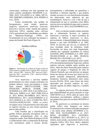 conservação, conforme tem sido apontado em
outros estudos semelhantes (SCHERER et al.,
2006, 2010; VALADÃO et al. 2006a; SILVA,
2007; RIBEIRO; FERREIRA, 2014; PERRELA
et al., 2018).
Foram reconhecidas sete guildas de
forrageamento, neste estudo: granívora,
frugívora, nectarívora, insetívora, carnívora,
piscívora e onívora, sendo metade das espécies
insetívoras (50%), seguidas pelas onívoras
(16%), percentuais estes semelhantes aos obtidos
por Matarazzo-Neuberger (1995), em
levantamentos de aves realizados em parques e
praças da Grande São Paulo (Figura 4).
Figura 4 – Distribuição da avifauna do Parque da Rua do
Porto conforme a guilda trófica. Legenda: INS - insetívoro;
ONI - onívoro; FRU - frugívoro; PIS - piscívoro; GRA -
granívoro; NEC - nectarívoro, CAR – carnívoro (Gráfico
elaborado pelas autoras).
Aves insetívoras e onívoras também
predominaram em outros estudos realizados em
parques urbanos, campi universitários e outras
áreas urbanas (MOTTA-JÚNIOR, 1990;
FRANCHIN; MARÇAL JÚNIOR, 2004;
SCHERER et al. 2005, 2010; VALADÃO et al.,
2006 (a,b); TORGA et al., 2007; FORCATO et
al., 2011; ROSA; BLAMIRES, 2011; SILVA;
MARTINELLI, 2011; ALEXANDRINO et al.
2013; PONÇO et al., 2013; FAVRETTO, 2015;
NAVEGA-GONÇALVES; LIMA, no prelo),
em alguns casos, com percentuais mais altos para
as espécies onívoras ou com valores próximos
para as duas guildas.
Cabe ressaltar que a classificação em
guildas tróficas apresenta divergência entre os
ornitólogos, principalmente entre as duas
categorias citadas. Para Mallet-Rodrigues (2010)
o conhecimento sobre a composição da dieta das
aves neotropicais ainda é escasso devido,
principalmente, à dificuldade em quantificar e
identificar o alimento ingerido o que poderia
resultar, ao nosso ver, em classificações baseadas
em observações mais subjetivas do que
metodológicas. Soma-se a isto o fato de que a
interpretação do que se considera como hábito
onívoro em aves também diverge entre os autores
(WILMAN et al., 2014; ALEXANDRINO et al.,
2017).
Este e os demais estudos citados mostram
que a urbanização favorece as espécies
insetívoras e onívoras. A maior ocorrência de
espécies de hábitos insetívoros se deve,
provavelmente, à disponibilidade deste alimento
durante o ano todo (SCHERER et al. 2005,
2010). As onívoras, por sua vez, se utilizam de
uma variedade maior de alimentos, sendo
favorecidas em áreas com mata fragmentada,
cobertas por vegetação secundária ou exótica
(SANTOS, 2004; SCHERER et al. 2005, 2010;
TELINO-JÚNIOR et al., 2005; FRANCO;
PRADO 2012; OLIVEIRA et al. 2015).
Nove espécies identificadas neste estudo
(9%) são predominantemente frugívoras, embora
espécies onívoras também sejam atraídas por
frutos. Além dos frutos fornecidos pelas espécies
vegetais do parque, o fragmento de mata da
Chácara Nazareth, que está próximo ao parque,
forma um maciço de árvores que inclui um rico
pomar contendo mangueiras, jabuticabeiras,
laranjeiras, limoeiros, abacateiros entre outras
árvores (ELIAS, 2014), cujos frutos são muito
apreciados por diversas espécies de aves,
atraindo aquelas de hábito frugívoro e também
onívoro.
As espécies piscívoras (9%) são atraídas
pela disponibilidade de peixes presente no lago
(TREVISAN et al., 2019), além de outros itens
alimentares (invertebrados, anfíbios e répteis)
que podem fazer parte de sua dieta (WILMAN et
al. 2014).
Os granívoros se constituem na terceira
guilda trófica mais frequente em vários
levantamentos de avifauna realizados em parques
e em outras áreas urbanas (SCHERER et al.,
2005, 2010; ALEXANDRINO et al., 2013;
ROSA; BLAMIRES, 2011; OLIVEIRA;
BLAMIRES, 2013; DUPONT et al., 2017), no
entanto, neste estudo, o percentual relativo à esta
categoria trófica (8%) ficou abaixo daqueles
registrados para frugívoros e piscívoros.
50%
16%
9%
9%
8%
4% 4%
Guildas tróficas
INS
ONI
FRU
PIS
GRA
NEC
CAR
 