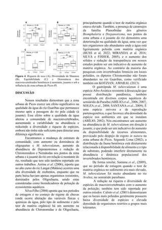 Figura 4. Riqueza de taxa (A), Diversidade de Shannon
(B), Equitabilidade (C) e Dominância dos
macroinvertebrados bentônicos à montante, jusante e sob a
influência da zona urbana de Picos-PI.
DISCUSSÃO
Nossos resultados demostram que a zona
urbana de Picos exerce um efeito significativo na
qualidade da água do rio Guaribas que permanece
mesmo após a passagem do rio pela cidade (à
jusante). Esse efeito sobre a qualidade da água
alterou a comunidade de macroinvertebrados,
aumentando a variabilidade na abundância e
reduzindo a diversidade e riqueza de espécies,
embora não tinha sido suficiente para detectar uma
diferença significativa.
Encontramos a mudança de estrutura da
comunidade, com aumento ou dominância de
oligoquetas e M. tuberculatum, aumento da
abundância de Depranotremos e redução de
Chironomideos e Nemátodas nos pontos da zona
urbana e à jusante do rio em relação à montante do
rio, resultado que tem sido também reportado em
outros trabalhos. Azrina et al. (2006), reporta que
no alto curso do rio Langat (Malásia) ocorreu uma
alta diversidade de zoobentos, enquanto que na
parte baixa haviam apenas organismos resistentes,
dominados pelos Oligochaeta, sendo estas
consideradas como bioindicadores de poluição de
ecossistemas aquáticos.
Silva-Filho (2004) aponta que nos períodos
de estiagem e no começo do regime de chuvas
(onde ocorre alteração das variáveis físicas e
químicas da água, pelo tipo de sedimento e pelo
teor de matéria orgânica) há um aumento na
abundância de Chironomidae e de Oligochaeta,
principalmente quando o teor de matéria orgânica
estava elevado. Também, a presença de caramujos
da família Planorbidae dos gêneros
Biomphalaria e Drepanotrema, nos pontos da
zona urbana e à jusante do rio demonstra uma
deterioração na qualidade da água, uma vez que
tais organismos são abundantes onde a água está
ligeiramente poluída com matéria orgânica
(BUSS et al, 2022; MIRANDA et al. 2016;
SILVA e FISHER, 2005), e o aumento dos
sólidos e redução da transparência em nossos
estudos podem ser um indicativo de aumento de
matéria orgânica. Ao contrário da maioria das
pesquisas com invertebrados límnicos em locais
poluídos, os dípteros Chironomidae não foram
abundantes no rio Guaribas, como verificado
também em KOTZIAN; AMARAL (2013).
O gastrópoda M. tuberculatum é uma
espécie Afro-Asiática resistente à dessecação que
possui distribuição pandêmica, também
encontrada em diversos corpos aquáticos do
semiárido da Paraíba (ABÍLIO et al., 2006, 2007;
SOUZA et al., 2008; SANTANA et al., 2009). É
uma espécie onívora e de reprodução
partenogenética, o que favorece alta densidade da
espécie nos ambientes em que se instalam
(ABÍLIO, 2002). Nós encontramos um aumento
na abundância de M. tuberculatum em direção à
jusante, o que pode ser um indicativo do aumento
da disponibilidade de recursos alimentares,
provocado pelo despejo de esgoto in natura na
zona urbana de Picos. Segundo Lima (2002), a
distribuição da fauna bentônica está diretamente
relacionada à disponibilidade de alimento e o tipo
de substrato, podendo interferir diretamente na
abundância e dinâmica populacional dos
invertebrados bentônicos.
De forma similar, Santana et al., (2009),
que no período de estiagem quando o teor de
matéria orgânica no sedimento era mais elevado,
M. tuberculatum foi muito abundante no rio
Aveloz, no semiárido paraibano.
A redução na riqueza e diversidade de
espécies de macroinvertebrados com o aumento
da poluição, também tem sido reportada por
outros estudos. Calisto et al. (2001) demostraram
que os locais mais poluídos geralmente possuem
baixa diversidade de espécies e elevada
densidade de organismos restritos a grupos mais
tolerantes.
 