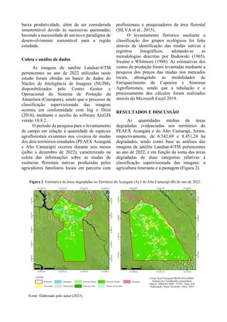 baixa produtividade, além de ser considerada
insustentável devido às sucessivas queimadas;
havendo a necessidade de um novo paradigma de
desenvolvimento sustentável para a região
estudada.
Coleta e análise de dados
As imagens de satélite Landsat-8/TM
pertencentes ao ano de 2022 utilizadas neste
estudo foram obtidas no banco de dados do
Núcleo de Inteligência de Imagens (NUIM),
disponibilizados pelo Centro Gestor e
Operacional do Sistema de Proteção da
Amazônia (Censipam), sendo que o processo de
classificação supervisionada das imagens
ocorreu em conformidade com Jog e Dixit
(2016), mediante o auxílio do software ArcGIS
versão 10.8.2.
O período da pesquisa para o levantamento
de campo em relação à quantidade de espécies
agroflorestais existentes nos viveiros de mudas
dos dois territórios estudados (PEAEX Acangatá
e Alto Camarapí) ocorreu durante seis meses
(julho a dezembro de 2022), caracterizado na
coleta das informações sobre as mudas de
essências florestais nativas produzidas pelos
agricultores familiares locais em parceria com
profissionais e pesquisadores da área florestal
(SILVA et al., 2015).
O levantamento florístico mediante a
classificação dos grupos ecológicos foi feito
através da identificação das mudas nativas e
registros fotográficos, adotando-se as
metodologias descritas por Budowski (1965),
Swaine e Whitmore (1988). As estimativas dos
custos de produção foram levantadas mediante a
pesquisa dos preços das mudas nos mercados
locais, abrangendo as modalidades de
Enriquecimento de Capoeira e Sistemas
Agroflorestais, sendo que a tabulação e o
processamento dos cálculos foram realizados
através do Microsoft Excel 2019.
RESULTADOS E DISCUSSÃO
As quantidades médias de áreas
degradadas evidenciadas nos territórios do
PEAEX Acangatá e do Alto Camarapí, foram,
respectivamente, de 6.542,69 e 8.451,24 ha
degradados, tendo como base as análises das
imagens de satélite Landsat-8/TM pertencentes
ao ano de 2022, e em função da soma das áreas
degradadas de duas categorias relativas à
classificação supervisionada das imagens: a
agricultura itinerante e a pastagem (Figura 2).
Figura 2. Estimativa de áreas degradadas no Território do Acangatá (A) e do Alto Camarapí (B) do ano de 2022.
Fonte: Elaborado pelo autor (2023).
 