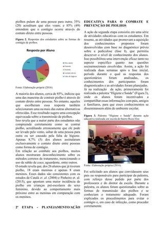 piolhos pulam de uma pessoa para outra; 35%
(20) acreditam que eles voam; e 85% (49)
entendem que o contágio ocorre através do
contato direto entre pessoas.
Figura 2. Respostas dos estudantes sobre as formas de
contágio de piolhos.
Fonte: Elaboração própria (2016).
A maioria dos alunos, cerca de 85%, indicou que
uma das maneiras de contrair piolho é através do
contato direto entre pessoas. No entanto, aqueles
que escolheram essa resposta também
selecionaram uma ou mais das outras alternativas
oferecidas. Esse resultado sugere uma concepção
equivocada sobre a transmissão de piolhos.
Isso revela que a maior parte dos estudantes não
compreende corretamente como se contrai
piolho, acreditando erroneamente que ele pode
ser levado pelo vento, saltar de uma pessoa para
outra ou ser causado pela falta de higiene.
Apenas 8,7% (5) dos alunos assinalaram
exclusivamente o contato direto entre pessoas
como forma de contágio.
Em relação ao combate aos piolhos, muitos
alunos mostraram desconhecimento sobre os
métodos corretos de tratamento, mencionando o
uso de sabão de coco, aguardente, entre outros.
O estudo revela que, dos 26 alunos que já tiveram
piolho, 18 eram meninas e apenas 8 eram
meninos. Esses dados são consistentes com os
estudos de Catalá et. al. (2004) e Pinheiro et. al.
(2015), que apontam uma maior incidência de
piolho em crianças pré-escolares do sexo
feminino, devido ao comportamento mais
próximo entre as meninas em comparação com
os meninos.
2ª ETAPA - PLANEJAMENTO/AÇÃO
EDUCATIVA PARA O COMBATE E
PREVENÇÃO DE PIOLHOS
A ação da segunda etapa consistiu em uma série
de atividades educativas com os estudantes. Em
resumo, as atividades que promovam a aquisição
dos conhecimentos propostos foram
desenvolvidas com base no diagnóstico prévio
sobre a pediculose (fase I), que permitiu
descrever o nível de conhecimento dos alunos.
Isso possibilitou uma intervenção eficaz tanto no
aspecto específico quanto nas questões
socioemocionais envolvidas. Assim, a ação foi
realizada duas semanas após a fase inicial,
período durante o qual as respostas dos
questionários foram analisadas, os
conhecimentos dos participantes foram
diagnosticados e as atividades foram planejadas.
Já na realização da ação, primeiramente foi
realizada a palestra “Higiene e Saúde” (Figura 3),
onde os alunos foram incentivados a
compartilhar essas informações com pais, amigos
e familiares, para que esses conhecimentos se
disseminassem além do ambiente escolar.
Figura 3. Palestra “Higiene e Saúde” durante ação
educativa realizada em escola do bairro Roza Elze
Fonte: Elaboração própria (2016).
Foi solicitado aos alunos que convidassem seus
pais ou responsáveis para participar da palestra,
com reforço desse pedido por parte dos
professores e do diretor da escola. Durante a
palestra, os alunos foram questionados sobre as
formas de transmissão dos piolhos e se
conheciam o tratamento adequado. Foram
explicados os procedimentos para evitar o
contágio e, em caso de infecção, como proceder
corretamente.
 