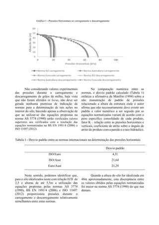 Gráfico 1 - Pressões Horizontais no carregamento e descarregamento
Não considerando valores experimentais
das pressões durante o carregamento e
descarregamento de grãos de milho, haja vista
que não foram aferidos in locus, não deve ser
gerada nenhuma premissa de indicação de
normas para a determinação de tais ações no
interior do silo, havendo apenas a observação de
que ao utilizar-se das equações propostas na
norma AS 3774 (1990) serão verificados valores
superiores aos verificados com a resolução das
equações normatizadas na BS EN 1991/4 (2006) e
ISO 11697 (2012).
Na comparação numérica entre as
normas, o desvio padrão calculado (Tabela 1)
enfatiza a afirmativa de Manfrin (1994) sobre a
não manutenção de padrão de pressões
relacionado a altura da estrutura onde o autor
afirma que não necessariamente deve existir um
padrão e valor numérico a ser seguido por as
equações normatizadas variam de acordo com o
peso especifico consolidado de cada produto,
fator K – relação entre as pressões horizontais e
verticais, coeficiente de atrito sobre o ângulo de
atrito do produto com a parede e o raio hidráulico.
Tabela 1 - Desvio padrão entre as normas internacionais na determinação das pressões horizontais
Desvio padrão
ISO/Euro 4,31
ISO/Aust 21,64
Euro/Aust 21,29
Neste sentido, podemos identificar que,
para o silo idealizados neste com relação H/D de
2,5 e alturas de até 5,5m a utilização das
equações propostas pelas normas AS 3774
(1990), BS EN 1991/4 (2006) e ISO 11697
(2012) proporcionou pressões durante o
carregamento e descarregamento relativamente
semelhantes entre estas normas.
Quando a altura do silo for idealizada em
48m aproximadamente, esta discrepância entre
os valores obtidos pelas equações normatizadas
foi maior na norma AS 3774 (1990) do que nas
demais.
 