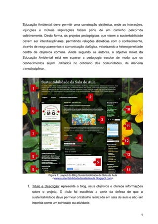 Educação Ambiental deve permitir uma construção sistêmica, onde as interações,
injunções e mútuas implicações fazem parte de um caminho percorrido
coletivamente. Desta forma, os projetos pedagógicos que visem a sustentabilidade
devem ser interdisciplinares, permitindo relações dialéticas com o conhecimento,
através de reagrupamentos e comunicação dialógica, valorizando a heterogeneidade
dentro de objetivos comuns. Ainda segundo as autoras, o objetivo maior da
Educação Ambiental está em superar a pedagogia escolar de modo que os
conhecimentos sejam utilizados no cotidiano das comunidades, de maneira
transdisciplinar.
Figura 1: Layout do Blog Sustentabilidade da Sala de Aula
<www.sustentabilidadedasaladeaula.blogspot.com>
1. Título e Descrição: Apresenta o blog, seus objetivos e oferece informações
sobre o projeto. O título foi escolhido a partir da defesa de que a
sustentabilidade deve permear o trabalho realizado em sala de aula e não ser
inserida como um conteúdo ou atividade.
9
1
1
1
6
1
7
1
8
1
9
10
11
12
13
14
3
5
2
4
 