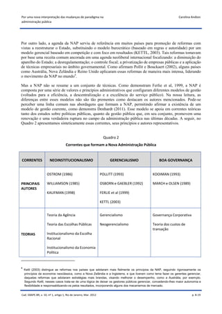 Por uma nova interpretação das mudanças de paradigma na                                                           Carolina Andion
administração pública




Por outro lado, a agenda da NAP serviu de referência em muitos países para promoção de reformas com
vistas a reestruturar o Estado, substituindo o modelo burocrático (baseado em regras e autoridade) por um
modelo gerencial baseado em competição e com foco em resultados (KETTL, 2003). Tais reformas tomavam
por base uma receita comum ancorada em uma agenda neoliberal internacional focalizando: a diminuição do
aparelho do Estado; a desregulamentação; o controle fiscal; a privatização de empresas públicas e a aplicação
de técnicas empresariais no âmbito governamental. Como afirmam Pollit e Bouckaert (2002), alguns países
como Austrália, Nova Zelândia e Reino Unido aplicaram essas reformas de maneira mais intensa, liderando
o movimento da NAP no mundo4.

Mas a NAP não se resume a um conjunto de técnicas. Como demonstram Ferlie et al, 1999, a NAP é
composta por uma série de valores e princípios administrativos que configuram diferentes modelos de gestão
(voltados para a eficiência, a descentralização e a excelência do serviço público). Na nossa leitura, as
diferenças entre esses modelos não são tão prementes como destacam os autores mencionados. Pode-se
perceber uma linha comum nas abordagens que formam a NAP, permitindo afirmar a existência de um
modelo de gestão coerente, como demonstra Denhardt (2011). Esse modelo se apoia em correntes teóricas
tanto dos estudos sobre políticas públicas, quanto da gestão pública que, em seu conjunto, promovem uma
renovação e uma verdadeira ruptura no campo da administração pública nas últimas décadas. A seguir, no
Quadro 2 apresentamos sinteticamente essas correntes, seus princípios e autores representativos.


                                                                    Quadro 2
                                     Correntes que formam a Nova Administração Pública


CORRENTES              NEOINSTITUCIONALISMO                             GERENCIALISMO               BOA GOVERNANÇA


                     OSTROM (1986)                                POLLITT (1993)               KOOIMAN (1993)

PRINCIPAIS           WILLIAMSON (1985)                            OSBORN e GAEBLER (1992)      MARCH e OLSEN (1989)
AUTORES
                     KAUFMAN (1998)                               FERLIE et al (1999)

                                                                  KETTL (2003)


                     Teoria da Agência                            Gerencialismo                Governança Corporativa

                     Teoria das Escolhas Públicas                 Neogerencialismo             Teoria dos custos de
                                                                                               transação
TEORIAS              Institucionalismo da Escolha
                     Racional

                     Institucionalismo da Economia
                     Política


4
    Kettl (2003) distingue as reformas nos países que adotaram mais fielmente os princípios da NAP, seguindo rigorosamente os
    princípios da economia neoclássica, como a Nova Zelândia e a Inglaterra, e que tiveram como lema fazer os gerentes gerenciar,
    daquelas reformas que adotaram estratégias mais brandas, visando melhorar o desempenho, como a Austrália, por exemplo.
    Segundo Kettl, nesses casos trata-se de uma lógica de deixar os gestores públicos gerenciar, concedendo-lhes maior autonomia e
    flexibilidade e responsabilizando-os pelos resultados, incorporando alguns dos mecanismos de mercado.


Cad. EBAPE.BR, v. 10, nº 1, artigo 1, Rio de Janeiro, Mar. 2012                                                            p. 8-19
 
