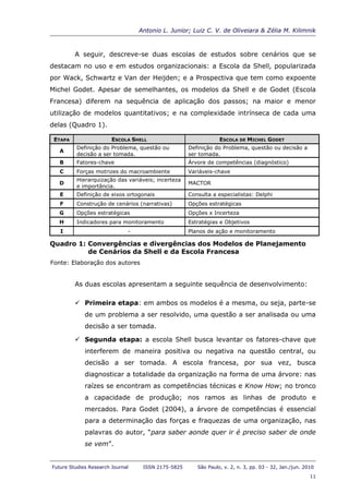 Antonio L. Junior; Luiz C. V. de Oliveiara & Zélia M. Kilimnik



         A seguir, descreve-se duas escolas de estudos sobre cenários que se
destacam no uso e em estudos organizacionais: a Escola da Shell, popularizada
por Wack, Schwartz e Van der Heijden; e a Prospectiva que tem como expoente
Michel Godet. Apesar de semelhantes, os modelos da Shell e de Godet (Escola
Francesa) diferem na sequência de aplicação dos passos; na maior e menor
utilização de modelos quantitativos; e na complexidade intrínseca de cada uma
delas (Quadro 1).

 ETAPA                  ESCOLA SHELL                            ESCOLA DE MICHEL GODET
          Definição do Problema, questão ou         Definição do Problema, questão ou decisão a
   A
          decisão a ser tomada.                     ser tomada.
   B      Fatores-chave                             Árvore de competências (diagnóstico)
   C      Forças motrizes do macroambiente          Variáveis-chave
          Hierarquização das variáveis; incerteza
   D                                                MACTOR
          e importância.
   E      Definição de eixos ortogonais             Consulta a especialistas: Delphi
   F      Construção de cenários (narrativas)       Opções estratégicas
   G      Opções estratégicas                       Opções x Incerteza
   H      Indicadores para monitoramento            Estratégias e Objetivos
   I                          -                     Planos de ação e monitoramento

Quadro 1: Convergências e divergências dos Modelos de Planejamento
          de Cenários da Shell e da Escola Francesa
Fonte: Elaboração dos autores


         As duas escolas apresentam a seguinte sequência de desenvolvimento:

          Primeira etapa: em ambos os modelos é a mesma, ou seja, parte-se
             de um problema a ser resolvido, uma questão a ser analisada ou uma
             decisão a ser tomada.

          Segunda etapa: a escola Shell busca levantar os fatores-chave que
             interferem de maneira positiva ou negativa na questão central, ou
             decisão a ser tomada. A escola francesa, por sua vez, busca
             diagnosticar a totalidade da organização na forma de uma árvore: nas
             raízes se encontram as competências técnicas e Know How; no tronco
             a capacidade de produção; nos ramos as linhas de produto e
             mercados. Para Godet (2004), a árvore de competências é essencial
             para a determinação das forças e fraquezas de uma organização, nas
             palavras do autor, “para saber aonde quer ir é preciso saber de onde
             se vem”.


Future Studies Research Journal    ISSN 2175-5825      São Paulo, v. 2, n. 3, pp. 03 - 32, Jan./jun. 2010
                                                                                                       11
 