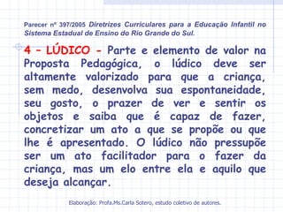 Parecer nº 397/2005 Diretrizes Curriculares para a Educação Infantil no
Sistema Estadual de Ensino do Rio Grande do Sul.

4 – LÚDICO - Parte e elemento de valor na
Proposta Pedagógica, o lúdico deve ser
altamente valorizado para que a criança,
sem medo, desenvolva sua espontaneidade,
seu gosto, o prazer de ver e sentir os
objetos e saiba que é capaz de fazer,
concretizar um ato a que se propõe ou que
lhe é apresentado. O lúdico não pressupõe
ser um ato facilitador para o fazer da
criança, mas um elo entre ela e aquilo que
deseja alcançar.
             Elaboração: Profa.Ms.Carla Sotero, estudo coletivo de autores.
 