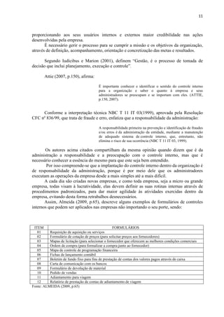 11
proporcionando aos seus usuários internos e externos maior credibilidade nas ações
desenvolvidas pela empresa.
É necessário gerir o processo para se cumprir a missão e os objetivos da organização,
através de definição, acompanhamento, orientação e concretização das metas e resultados.
Segundo Iudícibus e Marion (2001), definem “Gestão, é o processo de tomada de
decisão que inclui planejamento, execução e controle”.
Attie (2007, p.150), afirma:
É importante conhecer e identificar o sentido do controle interno
para a organização e saber o quanto à empresa e seus
administradores se preocupam e se importam com eles. (ATTIE,
p.150, 2007).
Conforme a interpretação técnica NBC T 11 IT 03(1999), aprovada pela Resolução
CFC nº 836/99, que trata de fraude e erro, enfatiza que a responsabilidade da administração:
A responsabilidade primeira na prevenção e identificação de fraudes
e/ou erros é da administração da entidade, mediante a manutenção
de adequado sistema de controle interno, que, entretanto, não
elimina o risco de sua ocorrência (NBC T 11 IT 03, 1999).
Os autores acima citados compartilham da mesma opinião quando dizem que é da
administração a responsabilidade e a preocupação com o controle interno, mas que é
necessário conhecer a essência do mesmo para que este seja bem entendido.
Por isso compreende-se que a implantação do controle interno dentro da organização é
de responsabilidade da administração, porque é por meio dele que os administradores
executam as operações da empresa desde a mais simples até a mais difícil.
A cada dia são criadas novas empresas, e como toda empresa, seja a micro ou grande
empresa, todas visam à lucratividade, elas devem definir as suas rotinas internas através de
procedimentos padronizados, para dar maior agilidade às atividades exercidas dentro da
empresa, evitando desta forma retrabalhos desnecessários.
Assim, Almeida (2009, p.65), descreve alguns exemplos de formulários de controles
internos que podem ser aplicados nas empresas não importando o seu porte, sendo:
ITEM FORMULÁRIOS
01 Requisição de aquisição ou serviços
02 Formulário de cotação de preços (para solicitar preços aos fornecedores)
03 Mapas de licitação (para selecionar o fornecedor que oferecem as melhores condições comerciais
04 Ordem de compra (para formalizar a compra junto ao fornecedor)
05 Mapa de controle de programação financeira
06 Fichas de lançamento contábil
07 Boletim de fundo fixo para fins de prestação de contas dos valores pagos através do caixa
08 Carta de comunicação com os bancos
09 Formulário de devolução de material
10 Pedido de vendas
11 Adiantamento para viagem
12 Relatório de prestação de contas de adiantamento de viagem
Fonte: ALMEIDA (2009, p.65)
 