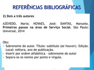REFERÊNCIAS BIBLIOGRÁFICAS
2) Dois a três autores
AZEVEDO, Maria; NOVAES, José; DANTAS, Manuela.
Primeiros passos na área de Serviço Social. São Paulo:
Universal, 2014
Obs:
- Sobrenome do autor. Título: subtítulo (se houver). Edição.
Local: editora, ano de publicação.
- Inserir por ordem alfabética – sobrenome do autor
- Separa-se os nomes por ponto e vírgula.
 
