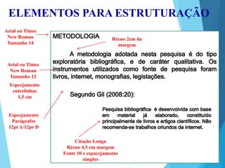 ELEMENTOS PARA ESTRUTURAÇÃO
Arial ou Times
New Roman
Tamanho 14
Arial ou Times
New Roman
Tamanho 12
Espcejamento
entrelinhas
1,5 cm
Espcejamento
Parágrafos
12pt A/12pr D
Récuo 2cm da
margem
Citação Longa
Récuo 4,5 cm margem
Fonte 10 e espacejamento
simples
 