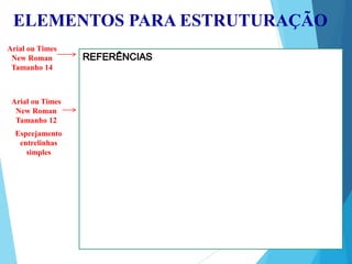 ELEMENTOS PARA ESTRUTURAÇÃO
Arial ou Times
New Roman
Tamanho 14
Arial ou Times
New Roman
Tamanho 12
Espcejamento
entrelinhas
simples
 