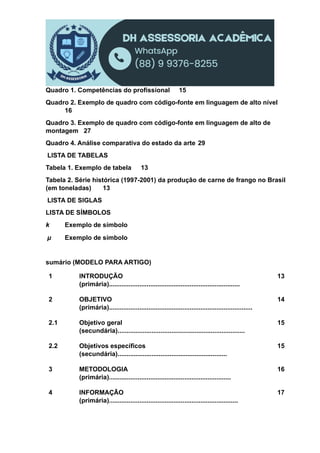 Quadro 1. Competências do profissional 15
Quadro 2. Exemplo de quadro com código-fonte em linguagem de alto nível
16
Quadro 3. Exemplo de quadro com código-fonte em linguagem de alto de
montagem 27
Quadro 4. Análise comparativa do estado da arte 29
LISTA DE TABELAS
Tabela 1. Exemplo de tabela 13
Tabela 2. Série histórica (1997-2001) da produção de carne de frango no Brasil
(em toneladas) 13
LISTA DE SIGLAS
LISTA DE SÍMBOLOS
k Exemplo de símbolo
µ Exemplo de símbolo
sumário (MODELO PARA ARTIGO)
1 INTRODUÇÃO
(primária).........................................................................
13
2 OBJETIVO
(primária)................................................................................
14
2.1 Objetivo geral
(secundária).......................................................................
15
2.2 Objetivos específicos
(secundária).............................................................
15
3 METODOLOGIA
(primária)....................................................................
16
4 INFORMAÇÃO
(primária)........................................................................
17
 