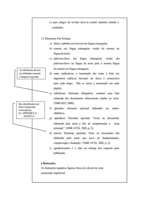 c) para artigos de revisão deve-se excluir material, método e
resultados.
3.3 Elementos Pós-Textuais
a) títuloe subtítulo(se houver) em língua estrangeira;
b) resumo em língua estrangeira: versão do resumo na
línguadotexto;
c) palavras-chave em língua estrangeira: versão das
palavras-chave na língua do texto para a mesma língua
As referências devem
seralinhadassomente
à margem esquerda.
São identificados por
letras maiúsculas
consecutivas.
Ex:APÊNDICEA –
ANEXOA -
do resumo em língua estrangeira;
d) notas explicativas: a numeração das notas é feita em
algarismos arábicos, devendo ser única e consecutiva
para cada artigo. Não se inicia a numeração em cada
página;
e) referências: Elemento obrigatório, constitui uma lista
ordenada dos documentos efetivamente citados no texto.
(NBR 6023, 2000);
f) glossário: elemento opcional elaborado em ordem
alfabética;
g) apêndices: Elemento opcional. “Texto ou documento
elaborado pelo autor a fim de complementar o texto
principal.” (NBR14724, 2002,p. 2);
h) anexos: Elemento opcional, “texto ou documento não
elaborado pelo autor, que serve de fundamentação,
comprovaçãoe ilustração.” (NBR 14724, 2002, p. 2);
i) agradecimentos e a data de entrega dos originais para
publicação.
4 Ilustrações
As ilustrações (quadros, figuras, fotos etc), devem ter uma
numeração seqüencial.
 
