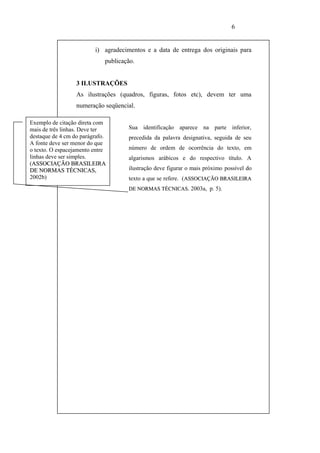 6


                         i) agradecimentos e a data de entrega dos originais para
                             publicação.


                  3 ILUSTRAÇÕES
                  As ilustrações (quadros, figuras, fotos etc), devem ter uma
                  numeração seqüencial.

Exemplo de citação direta com
mais de três linhas. Deve ter        Sua identificação aparece na parte inferior,
destaque de 4 cm do parágrafo.       precedida da palavra designativa, seguida de seu
A fonte deve ser menor do que
o texto. O espacejamento entre       número de ordem de ocorrência do texto, em
linhas deve ser simples.             algarismos arábicos e do respectivo título. A
(ASSOCIAÇÃO BRASILEIRA
 ASSOCIAÇÃO
DE NORMAS TÉCNICAS,
                TÉCNICAS             ilustração deve figurar o mais próximo possível do
2002b)                               texto a que se refere. ( ASSOCIAÇÃO BRASILEIRA
                                     DE NORMAS TÉCNICAS. 2003a, p. 5).
 