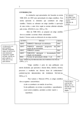 2 
1 INTRODUÇÃO 
As orientações aqui apresentadas são baseadas na norma 
NBR 6022, de 2003 para apresentação de artigos científicos. Essa 
norma apresenta os elementos que constituem um artigo 
cientifico. Todavia ao submeter um artigo científico à aprovação 
de uma revista, o autor deve seguir as normas editoriais adotadas 
pela revista. (FRANÇA et al., 2003, p. 59). 
Além da NBR 6022, ao preparar um artigo científico 
deve-se consultar as normas abaixo relacionadas: 
Quadro1: Normas usadas na elaboração de um artigo científico 
AUTOR TÍTULO DATA 
ABNT NBR6023: Elaboração de referências 2002 
ABNT NBR6024: numeração progressiva das 
seções de um documento 
2003 
ABNT NBR6028: resumos 2003 
ABNT NBR10520: informação e documentação: 
citação em documento 
2002 
IBGE Normas de apresentação tabular. 3. ed. 1993 
Fonte: ASSOCIAÇÃO BRASILEIRA DE NORMAS TÉCNICAS 
(2003a, p. 1). 
“Artigo científico é parte de uma publicação com 
autoria declarada, que apresenta e discute idéias, métodos, técnicas, 
processos e resultados nas diversas áreas do conhecimento.” 
(ASSOCIAÇÃO BRASILEIRA DE NORMAS TÉCNICAS, 
2003a, p. 2). 
Para Lakatos e Marconi (1991), os artigos científicos 
têm as seguintes características: 
a) não se constituem em matéria de um livro; 
b) são publicados em revistas ou periódicos especializados; 
c) por serem completos, permitem ao leitor repetir a 
experiência. 
Ao submeter 
um artigo à uma 
revista, seguir as 
normas 
editoriais da 
revista 
mesma. 
Citação direta , 
com até três 
linhas deve vir 
inserida no texto 
entre aspas 
duplas “ “ 
As ilustrações em 
geral (quadros, 
desenho, fotografia, 
mapa, etc) devem ter 
uma numeração 
sequencial, seguido 
do título, inscrito na 
parte superior. A 
fonte deve vir na 
parte inferior. 
 