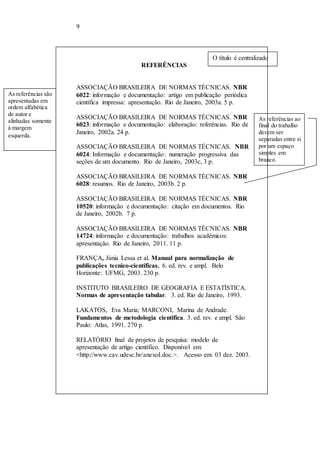 9 
REFERÊNCIAS 
ASSOCIAÇÃO BRASILEIRA DE NORMAS TÉCNICAS. NBR 
6022: informação e documentação: artigo em publicação periódica 
científica impressa: apresentação. Rio de Janeiro, 2003a. 5 p. 
ASSOCIAÇÃO BRASILEIRA DE NORMAS TÉCNICAS. NBR 
6023: informação e documentação: elaboração: referências. Rio de 
Janeiro, 2002a. 24 p. 
ASSOCIAÇÃO BRASILEIRA DE NORMAS TÉCNICAS. NBR 
6024: Informação e documentação: numeração progressiva das 
seções de um documento. Rio de Janeiro, 2003c, 3 p. 
ASSOCIAÇÃO BRASILEIRA DE NORMAS TÉCNICAS. NBR 
6028: resumos. Rio de Janeiro, 2003b. 2 p. 
ASSOCIAÇÃO BRASILEIRA DE NORMAS TÉCNICAS. NBR 
10520: informação e documentação: citação em documentos. Rio 
de Janeiro, 2002b. 7 p. 
ASSOCIAÇÃO BRASILEIRA DE NORMAS TÉCNICAS. NBR 
14724: informação e documentação: trabalhos acadêmicos: 
apresentação. Rio de Janeiro, 2011. 11 p. 
FRANÇA, Júnia Lessa et al. Manual para normalização de 
publicações tecnico-cientificas. 6. ed. rev. e ampl. Belo 
Horizonte: UFMG, 2003. 230 p. 
INSTITUTO BRASILEIRO DE GEOGRAFIA E ESTATÍSTICA. 
Normas de apresentação tabular. 3. ed. Rio de Janeiro, 1993. 
LAKATOS, Eva Maria; MARCONI, Marina de Andrade. 
Fundamentos de metodologia cientifica. 3. ed. rev. e ampl. São 
Paulo: Atlas, 1991. 270 p. 
RELATÓRIO final de projetos de pesquisa: modelo de 
apresentação de artigo científico. Disponível em: 
<http://www.cav.udesc.br/anexoI.doc.>. Acesso em: 03 dez. 2003. 
As referências ao 
final do trabalho 
devem ser 
separadas entre si 
por um espaço 
simples em 
branco. 
As referências são 
apresentadas em 
ordem alfabética 
de autor e 
alinhadas somente 
à margem 
esquerda. 
O título é centralizado 
