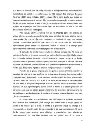 14
que diminui o contato com os filhos e dificulta o acompanhamento atendimento das
expectativas da escola e a participação na vida escolar das crianças. Segundo
Marchesi (2004 apud SOUZA, 2009), educar não é uma tarefa que possa ser
delegada exclusivamente à escola. São necessárias cooperação e colaboração da
família, os pais precisam auxiliar a atingir os objetivos e ideais educacionais para
auxiliar na superação das dificuldades que se encontram no dia a dia dos
profissionais dentro das instituições.
Para Souza (2009), a família vem se modificando como um sistema de
vínculo afetivo, no qual o ambiente familiar pode contribuir de forma positiva para o
desempenho da criança. Os pais consistem no sustentáculo que toda criança
precisa, podendo-se perceber que sem um lar estruturado as dificuldades
apresentadas pelos alunos se acentuam, afetam a escola e a criança pode
apresentar mais problemas na alfabetização e na aprendizagem.
O conceito de família mudou muito nos últimos tempos, não há mais um
padrão de família, e sim uma variedade de padrão familiar, com identidade própria
em constante desenvolvimento. Independentemente dessa mudança à família
continua sendo o primeiro local de aprendizado das crianças, é através dela que
acontece os primeiros contatos sociais e as primeiras experiências educacionais. A
família está diretamente ligada as atitudes comportamentais da criança.
Percebe-se a grande importância dos pais no desenvolvimento cognitivo e
evolutivo da criança, a sua ausência no ensino aprendizagem dos alunos podem
ocasionar baixo desempenho e até mesmo a repetência escolar. Sem a família não
há como promover uma boa educação. A participação dos mesmos na vida escolar
de seus filhos é indispensável para que a criança se sinta amada e motivada a obter
avanços em sua aprendizagem. Sendo assim a família e a escola precisam ser
parceiras para que os alunos possam realmente ter um maior aproveitamento na
aprendizagem, não basta apenas à escola se preocupar na aprendizagem, e os pais
não se preocuparem.
O conhecimento e o aprendizado não são adquiridos somente na escola,
mas também são construídos pela criança em contato com o social, dentro da
família e no mundo que a cerca. A família é o primeiro vínculo da criança e é
responsável por grande parte da sua educação e da sua aprendizagem. O que a
família pensa, seus anseios, seus objetivos e expectativas com relação ao
desenvolvimento de seu filho também são de grande importância para o
 