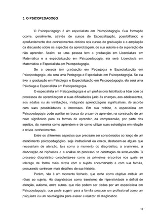 17
5. O PSICOPEDAGOGO
O Psicopedagogo é um especialista em Psicopedagogia. Sua formação
ocorre, geralmente, através de cursos de Especialização, possibilitando o
aprofundamento dos conhecimentos obtidos nos cursos de graduação e a ampliação
da discussão sobre os aspectos da aprendizagem, de sua autoria e da superação do
não aprender. Assim, se uma pessoa tem a graduação em Licenciatura em
Matemática e a especialização em Psicopedagogia, ela será Licenciada em
Matemática e Especialista em Psicopedagogia.
Se a pessoa tem graduação em Pedagogia e Especialização em
Psicopedagogia, ela será uma Pedagoga e Especialista em Psicopedagogia. Se ela
tiver a graduação em Psicologia e Especialização em Psicopedagogia, ela será uma
Psicóloga e Especialista em Psicopedagogia.
O especialista em Psicopedagogia é um profissional habilitado a lidar com os
processos de aprendizagem e suas dificuldades junto às crianças, aos adolescentes,
aos adultos ou às instituições, instigando aprendizagens significativas, de acordo
com suas possibilidades e interesses. Em sua prática, o especialista em
Psicopedagogia pode auxiliar na busca do prazer de aprender, na construção de um
novo significado para as formas de aprender, da compreensão, por parte dos
sujeitos, da maneira como aprendem e de como utilizar suas estratégias em relação
a novos conhecimentos.
Entre os diferentes aspectos que precisam ser considerados ao longo de um
atendimento psicopedagógico, seja institucional ou clínico, destacam-se alguns que
necessitam de atenção, tais como o momento do diagnóstico, a anamnese, a
elaboração de hipóteses e a análise do processo de construção da lecto-escrita. O
processo diagnóstico caracteriza-se como os primeiros encontros nos quais se
interage de forma mais direta com o sujeito encaminhado e com sua família,
procurando conhecer mais detalhes de sua história.
Porém, não é um momento fechado, que tenha como objetivo atribuir um
rótulo ao sujeito. Há diagnósticos como transtorno de hiperatividade e déficit de
atenção, autismo, entre outros, que não podem ser dados por um especialista em
Psicopedagogia, que pode sugerir para a família procurar um profissional como um
psiquiatra ou um neurologista para avaliar e realizar tal diagnóstico.
 