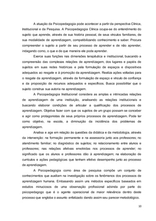 10
A atuação da Psicopedagogia pode acontecer a partir da perspectiva Clínica,
Institucional e da Pesquisa. A Psicopedagogia Clínica ocupa-se do entendimento do
sujeito que aprende, através de sua história pessoal, de seus vínculos familiares, de
sua modalidade de aprendizagem, compatibilizando conhecimento e saber. Procura
compreender o sujeito a partir de seu processo de aprender e de não aprender,
indagando como, o que e de que maneira ele pode aprender.
Exerce suas funções nas dimensões terapêutica e institucional, buscando a
compreensão das complexas relações de aprendizagem, dos lugares e papéis de
sujeitos em suas redes históricas e pela formulação de espaços e dispositivos
adequados ao resgate e à promoção da aprendizagem. Realiza ações voltadas para
o resgate da aprendizagem, através da formulação de espaço e vínculo de confiança
e da proposição de recursos adequados e específicos. Busca possibilitar que o
sujeito construa sua autoria na aprendizagem.
A Psicopedagogia Institucional considera as amplas e intrincadas relações
de aprendizagem de uma instituição, analisando as relações institucionais e
buscando elaborar condições de articular a qualificação dos processos de
aprendizagem. Objetiva fazer com que os sujeitos de um grupo possam se conceber
e agir como protagonistas de seus próprios processos de aprendizagem. Pode ter
como objetivo, na escola, a diminuição da incidência dos problemas de
aprendizagem.
Analisa e age em relação às questões da didática e da metodologia, através
da intervenção: na formação permanente e na assessoria junto aos professores; no
atendimento familiar; no diagnóstico de sujeitos; no relacionamento entre alunos e
professores; nas relações afetivas envolvidas nos processos de aprender; no
significado que os alunos e professores dão à aprendizagem; na elaboração de
currículos e ações pedagógicas que tenham efetivo desempenho junto ao processo
de aprendizagem.
A Psicopedagogia como área de pesquisa compõe um conjunto de
conhecimentos que auxiliam na investigação sobre os fenômenos dos processos de
aprendizagem humana. Embasando assim uns métodos específicos baseados em
estudos minuciosos de uma observação profissional advinda por parte do
psicopedagogo que é o agente operacional de maior relevância dentro deste
processo que engloba o assunto enfatizado dando assim seu parecer metodológico.
 