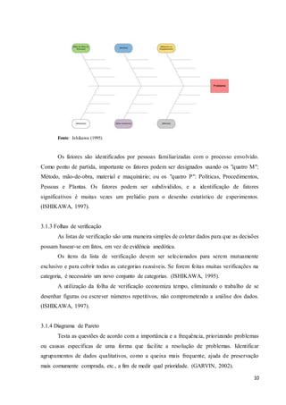 10
Fonte: Ishikawa (1995)
Os fatores são identificados por pessoas familiarizadas com o processo envolvido.
Como ponto de partida, importante os fatores podem ser designados usando os "quatro M":
Método, mão-de-obra, material e maquinário; ou os "quatro P": Políticas, Procedimentos,
Pessoas e Plantas. Os fatores podem ser subdivididos, e a identificação de fatores
significativos é muitas vezes um prelúdio para o desenho estatístico de experimentos.
(ISHIKAWA, 1997).
3.1.3 Folhas de verificação
As listas de verificação são uma maneira simples de coletar dados para que as decisões
possam basear-se em fatos, em vez de evidência anedótica.
Os itens da lista de verificação devem ser selecionados para serem mutuamente
exclusivo e para cobrir todas as categorias razoáveis. Se forem feitas muitas verificações na
categoria, é necessário um novo conjunto de categorias. (ISHIKAWA, 1995).
A utilização da folha de verificação economiza tempo, eliminando o trabalho de se
desenhar figuras ou escrever números repetitivos, não comprometendo a análise dos dados.
(ISHIKAWA, 1997).
3.1.4 Diagrama de Pareto
Testa as questões de acordo com a importância e a frequência, priorizando problemas
ou causas específicas de uma forma que facilite a resolução de problemas. Identificar
agrupamentos de dados qualitativos, como a queixa mais frequente, ajuda de preservação
mais comumente comprada, etc., a fim de medir qual prioridade. (GARVIN, 2002).
 