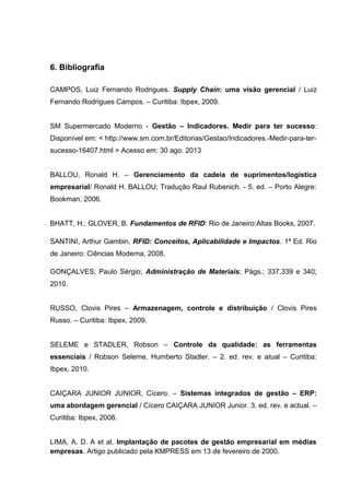 6. Bibliografia
CAMPOS, Luiz Fernando Rodrigues. Supply Chain: uma visão gerencial / Luiz
Fernando Rodrigues Campos. – Curitiba: Ibpex, 2009.
SM Supermercado Moderno - Gestão – Indicadores. Medir para ter sucesso:
Disponível em: < http://www.sm.com.br/Editorias/Gestao/Indicadores.-Medir-para-tersucesso-16407.html > Acesso em: 30 ago. 2013
BALLOU, Ronald H. – Gerenciamento da cadeia de suprimentos/logística
empresarial/ Ronald H. BALLOU; Tradução Raul Rubenich. - 5. ed. – Porto Alegre:
Bookman, 2006.
BHATT, H.; GLOVER, B. Fundamentos de RFID: Rio de Janeiro:Altas Books, 2007.
SANTINI, Arthur Gambin, RFID: Conceitos, Aplicabilidade e Impactos. 1ª Ed. Rio
de Janeiro: Ciências Moderna, 2008.
GONÇALVES; Paulo Sérgio; Administração de Materiais; Págs.; 337,339 e 340;
2010.
RUSSO, Clovis Pires – Armazenagem, controle e distribuição / Clovis Pires
Russo. – Curitiba: Ibpex, 2009.
SELEME e STADLER, Robson – Controle da qualidade: as ferramentas
essenciais / Robson Seleme, Humberto Stadler. – 2. ed. rev. e atual – Curitiba:
Ibpex, 2010.
CAIÇARA JUNIOR JUNIOR, Cícero. – Sistemas integrados de gestão – ERP:
uma abordagem gerencial / Cícero CAIÇARA JUNIOR Junior. 3. ed. rev. e actual. –
Curitiba: Ibpex, 2008.
LIMA, A. D. A et al. Implantação de pacotes de gestão empresarial em médias
empresas. Artigo publicado pela KMPRESS em 13 de fevereiro de 2000.

 