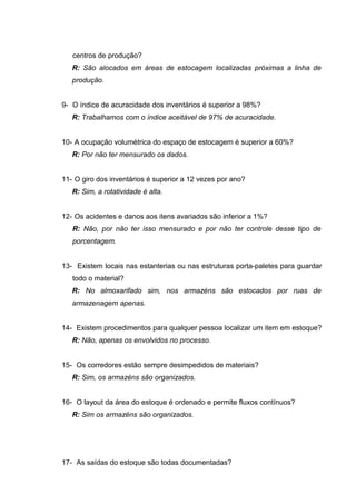 centros de produção?
R: São alocados em áreas de estocagem localizadas próximas a linha de
produção.
9- O índice de acuracidade dos inventários é superior a 98%?
R: Trabalhamos com o índice aceitável de 97% de acuracidade.
10- A ocupação volumétrica do espaço de estocagem é superior a 60%?
R: Por não ter mensurado os dados.
11- O giro dos inventários é superior a 12 vezes por ano?
R: Sim, a rotatividade é alta.
12- Os acidentes e danos aos itens avariados são inferior a 1%?
R: Não, por não ter isso mensurado e por não ter controle desse tipo de
porcentagem.
13- Existem locais nas estanterias ou nas estruturas porta-paletes para guardar
todo o material?
R: No almoxarifado sim, nos armazéns são estocados por ruas de
armazenagem apenas.
14- Existem procedimentos para qualquer pessoa localizar um item em estoque?
R: Não, apenas os envolvidos no processo.
15- Os corredores estão sempre desimpedidos de materiais?
R: Sim, os armazéns são organizados.
16- O layout da área do estoque é ordenado e permite fluxos contínuos?
R: Sim os armazéns são organizados.

17- As saídas do estoque são todas documentadas?

 