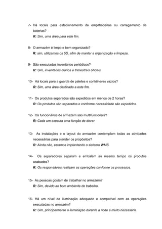 7- Há locais para estacionamento de empilhadeiras ou carregamento de
baterias?
R: Sim, uma área para este fim.
8- O armazém é limpo e bem organizado?
R: sim, utilizamos os 5S, afim de manter a organização e limpeza.
9- São executados inventários periódicos?
R: Sim, inventários diários e trimestrais oficiais.
10- Há locais para a guarda de paletes e contêineres vazios?
R: Sim, uma área destinada a este fim.
11- Os produtos separados são expedidos em menos de 2 horas?
R: Os produtos são separados e conforme necessidade são expedidos.
12- Os funcionários do armazém são multifuncionais?
R: Cada um executa uma função de dever.

13-

As instalações e o layout do armazém contemplam todas as atividades
necessárias para atender os propósitos?
R: Ainda não, estamos implantando o sistema WMS.

14-

Os separadores separam e embalam ao mesmo tempo os produtos
acabados?
R: Os responsáveis realizam as operações conforme os processos.

15- As pessoas gostam de trabalhar no armazém?
R: Sim, devido ao bom ambiente de trabalho.

16- Há um nível de iluminação adequado e compatível com as operações
executadas no armazém?
R: Sim, principalmente a iluminação durante a noite é muito necessária.

 