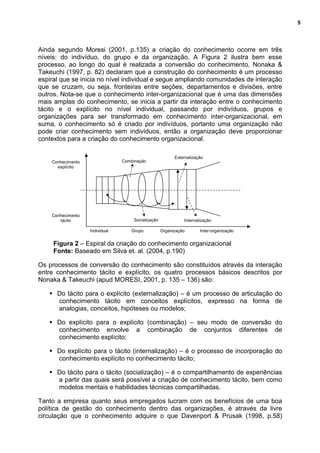 5
Ainda segundo Moresi (2001, p.135) a criação do conhecimento ocorre em três
níveis: do indivíduo, do grupo e da organização. A Figura 2 ilustra bem esse
processo, ao longo do qual é realizada a conversão do conhecimento, Nonaka &
Takeuchi (1997, p. 82) declaram que a construção do conhecimento é um processo
espiral que se inicia no nível individual e segue ampliando comunidades de interação
que se cruzam, ou seja, fronteiras entre seções, departamentos e divisões, entre
outros. Nota-se que o conhecimento inter-organizacional que é uma das dimensões
mais amplas do conhecimento, se inicia a partir da interação entre o conhecimento
tácito e o explícito no nível individual, passando por indivíduos, grupos e
organizações para ser transformado em conhecimento inter-organizacional, em
suma, o conhecimento só é criado por indivíduos, portanto uma organização não
pode criar conhecimento sem indivíduos, então a organização deve proporcionar
contextos para a criação do conhecimento organizacional.
Individual Grupo Organização Inter-organização
Figura 2 – Espiral da criação do conhecimento organizacional
Fonte: Baseado em Silva et. al. (2004, p.190)
Os processos de conversão do conhecimento são constituídos através da interação
entre conhecimento tácito e explícito, os quatro processos básicos descritos por
Nonaka & Takeuchi (apud MORESI, 2001, p. 135 – 136) são:
Do tácito para o explícito (externalização) – é um processo de articulação do
conhecimento tácito em conceitos explícitos, expresso na forma de
analogias, conceitos, hipóteses ou modelos;
Do explícito para o explícito (combinação) – seu modo de conversão do
conhecimento envolve a combinação de conjuntos diferentes de
conhecimento explícito;
Do explícito para o tácito (internalização) – é o processo de incorporação do
conhecimento explícito no conhecimento tácito;
Do tácito para o tácito (socialização) – é o compartilhamento de experiências
a partir das quais será possível a criação de conhecimento tácito, bem como
modelos mentais e habilidades técnicas compartilhadas.
Tanto a empresa quanto seus empregados lucram com os benefícios de uma boa
política de gestão do conhecimento dentro das organizações, é através da livre
circulação que o conhecimento adquire o que Davenport & Prusak (1998, p.58)
CombinaçãoConhecimento
explícito
Conhecimento
tácito Socialização
Externalização
Internalização
 