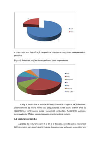 o que mostra uma diversificação ocupacional no universo pesquisado, enriquecendo a
pesquisa.

Figura 6: Principais funções desempenhadas pelos respondentes.




       A Fig. 6 mostra que a maioria dos respondentes é composta de professores,
essencialmente de ensino médio e/ou pesquisadores. Ainda assim, existem entre os
respondentes: empresários, guias, consultores ambientais, funcionários públicos,
empregados de ONGs e estudantes predominantemente de turismo.

2.O ecoturismo e/com EA

    A prática do ecoturismo com IA e EA é o desejado, considerando o referencial
teórico arrolado para esse trabalho, mas se desconhece se o discurso ecoturístico tem
 
