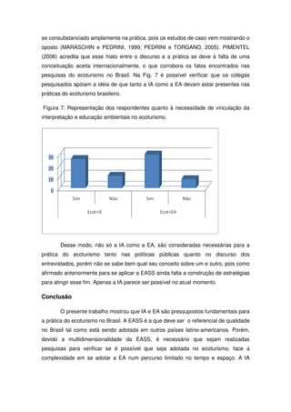 se consubstanciado amplamente na prática, pois os estudos de caso vem mostrando o
oposto (MARASCHIN e PEDRINI, 1999; PEDRINI e TORGANO, 2005). PIMENTEL
(2006) acredita que esse hiato entre o discurso e a prática se deve à falta de uma
conceituação aceita internacionalmente, o que corrobora os fatos encontrados nas
pesquisas do ecoturismo no Brasil. Na Fig. 7 é possível verificar que os colegas
pesquisados apóiam a idéia de que tanto a IA como a EA devam estar presentes nas
práticas do ecoturismo brasileiro.

Figura 7: Representação dos respondentes quanto à necessidade de vinculação da
interpretação e educação ambientais no ecoturismo.




        Desse modo, não só a IA como a EA, são consideradas necessárias para a
prática do ecoturismo tanto nas políticas públicas quanto no discurso dos
entrevistados, porém não se sabe bem qual seu conceito sobre um e outro, pois como
afirmado anteriormente para se aplicar a EASS ainda falta a construção de estratégias
para atingir esse fim. Apenas a IA parece ser possível no atual momento.

Conclusão

        O presente trabalho mostrou que IA e EA são pressupostos fundamentais para
a prática do ecoturismo no Brasil. A EASS é a que deve ser o referencial de qualidade
no Brasil tal como está sendo adotada em outros países latino-americanos. Porém,
devido a multidimensionalidade da EASS, é necessário que sejam realizadas
pesquisas para verificar se é possível que seja adotada no ecoturismo, face a
complexidade em se adotar a EA num percurso limitado no tempo e espaço. A IA
 