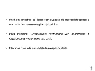 • PCR em amostras de líquor com suspeita de neurocriptococose e
em pacientes com meningite criptocócica;
• PCR multiplex: Cryptococcus neoformans var. neoformans X
Cryptococcus neoformans var. gattii;
• Elevados níveis de sensibilidade e especificidade.
 