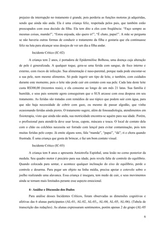 prejuízo da interrupção no tratamento é grande, pois perderia as funções motoras já adquiridas,
sendo que ainda não anda. Ela é uma criança feliz, respeitada pelos pais, que também estão
preocupados com essa decisão da filha. Ela tem dito a eles com freqüência: “Faço sempre as
mesmas coisas, mamãe!”, “Estou enjoada, não quero ir!”, “É chato, papai!”. A mãe se pergunta
se não haveria outras formas de conduzir o tratamento da filha e gostaria que ela continuasse
feliz na luta para alcançar seus desejos de ver um dia a filha andar.

          Incidente Crítico (IC-02)

       A criança tem 2 anos, é portadora de Epidermólise Bolhosa, uma doença cuja alteração
de pele é generalizada. A qualquer toque, gera-se uma ferida com sangue, de foco interno e
externo, com riscos de infecção. Sua alimentação é naso-parental, porque nada pode encostar-se
a sua pele, nem mesmo alimentos. Só pode ingerir um tipo de leite, e também, com cuidados
durante este momento, pois o leite não pode cair em contato com sua pele. Cada lata deste leite
custa R$300,00 (trezentos reais), e ela consome ao longo de um mês 21 latas. Sua família é
humilde, e seus pais somente agora conseguiram que o SUS arcasse com essa despesa em seu
tratamento. As feridas são tratadas com remédios de uso tópico que podem sair com água, para
que não haja necessidade de cobrir com gaze, ou mesmo de passar algodão, que vinha
ocasionando feridas ainda piores. O tratamento sugere, além de fonoaudiologia, atendimentos em
fisioterapia, visto que ainda não anda, sua motricidade encontra-se aquém para sua idade. Porém,
o profissional para atendê-la deve usar luvas, capote, máscara e touca. O local de contato dela
com o chão ou colchões necessita ser forrado com lençol para evitar contaminação, pois tem
muitas feridas pelo corpo. Já emite alguns sons, fala “mamãe”, “papai”, “dá”; ri e chora quando
frustrada. É uma criança que gosta de brincar, e faz um bom contato visual.

          Incidente Crítico (IC-03)

       A criança tem 8 anos e apresenta Amiotrofia Espinhal, uma lesão no corno posterior da
medula. Seu quadro motor é precário para sua idade, pois revela falta de controle do equilíbrio.
Quando colocada para sentar, e acontece qualquer inclinação do eixo de equilíbrio, perde o
controle e desarma. Para pegar um objeto na linha média, precisa apoiar o cotovelo sobre o
joelho realizando uma alavanca. Essa criança é insegura, tem medo de cair, e seus movimentos
ainda se tornam mais limitados perante esse aspecto emocional.

       4– Análise e Discussão dos Dados
       Para análise desses Incidentes Críticos, foram observadas as dimensões cognitivas e
afetivas das 6 alunas participantes (AL-01, AL-02, AL-03,, AL-04, AL-05, AL-06). (Tabela de
transcrição das redações). As alunas expressaram sentimentos, porém apenas 2 do grupo (AL-05

                                                                                              6
 