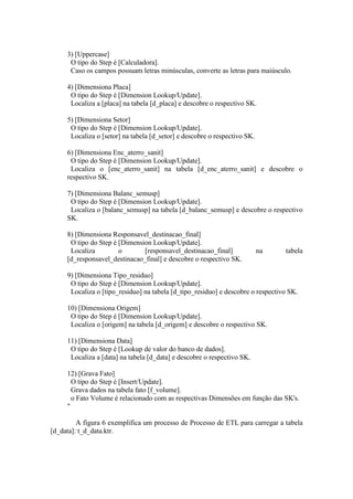 3) [Uppercase]
O tipo do Step é [Calculadora].
Caso os campos possuam letras minúsculas, converte as letras para maiúsculo.
4) [Dimensiona Placa]
O tipo do Step é [Dimension Lookup/Update].
Localiza a [placa] na tabela [d_placa] e descobre o respectivo SK.
5) [Dimensiona Setor]
O tipo do Step é [Dimension Lookup/Update].
Localiza o [setor] na tabela [d_setor] e descobre o respectivo SK.
6) [Dimensiona Enc_aterro_sanit]
O tipo do Step é [Dimension Lookup/Update].
Localiza o [enc_aterro_sanit] na tabela [d_enc_aterro_sanit] e descobre o
respectivo SK.
7) [Dimensiona Balanc_semusp]
O tipo do Step é [Dimension Lookup/Update].
Localiza o [balanc_semusp] na tabela [d_balanc_semusp] e descobre o respectivo
SK.
8) [Dimensiona Responsavel_destinacao_final]
O tipo do Step é [Dimension Lookup/Update].
Localiza o [responsavel_destinacao_final] na tabela
[d_responsavel_destinacao_final] e descobre o respectivo SK.
9) [Dimensiona Tipo_residuo]
O tipo do Step é [Dimension Lookup/Update].
Localiza o [tipo_residuo] na tabela [d_tipo_residuo] e descobre o respectivo SK.
10) [Dimensiona Origem]
O tipo do Step é [Dimension Lookup/Update].
Localiza o [origem] na tabela [d_origem] e descobre o respectivo SK.
11) [Dimensiona Data]
O tipo do Step é [Lookup de valor do banco de dados].
Localiza a [data] na tabela [d_data] e descobre o respectivo SK.
12) [Grava Fato]
O tipo do Step é [Insert/Update].
Grava dados na tabela fato [f_volume].
o Fato Volume é relacionado com as respectivas Dimensões em função das SK's.
"
A figura 6 exemplifica um processo de Processo de ETL para carregar a tabela
[d_data]: t_d_data.ktr.
 